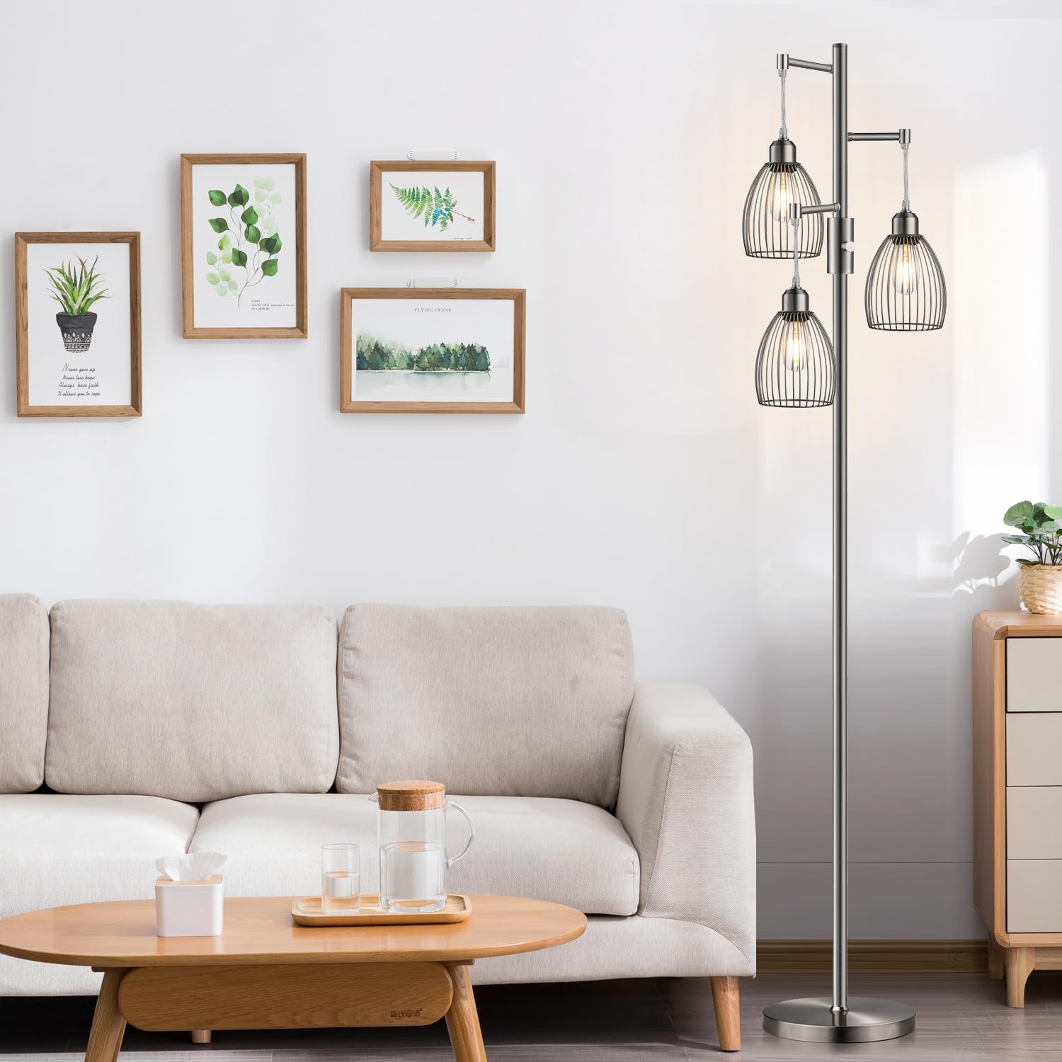 Dimmable Floor Lamp, Industrial Floor Lamps For Living Room, Brushed Nickel Tree Lamp Standing Lamp Tall Lamps With 3 Elegant Te