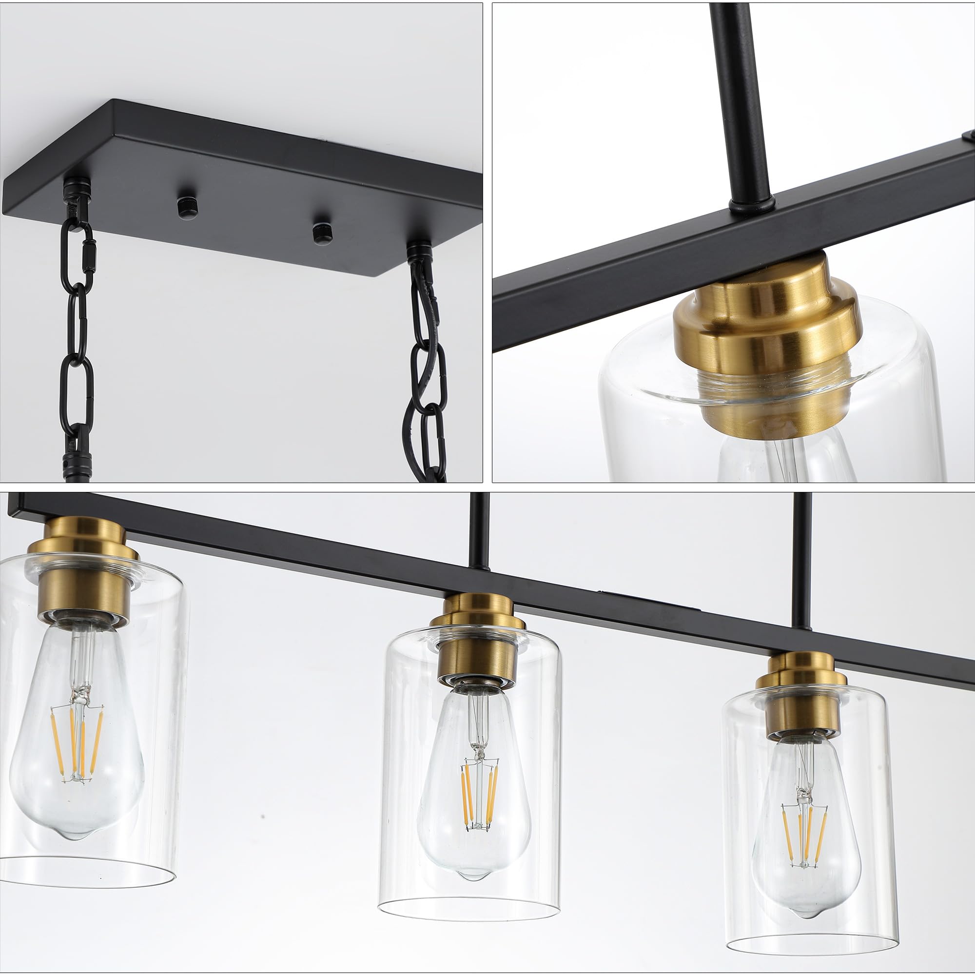 Mecgirn 4-Light Linear Chandelier Pendant Lighting, Black & Gold Metal Fixture for Kitchen Island & Dining Room, Model D0017-4-BG