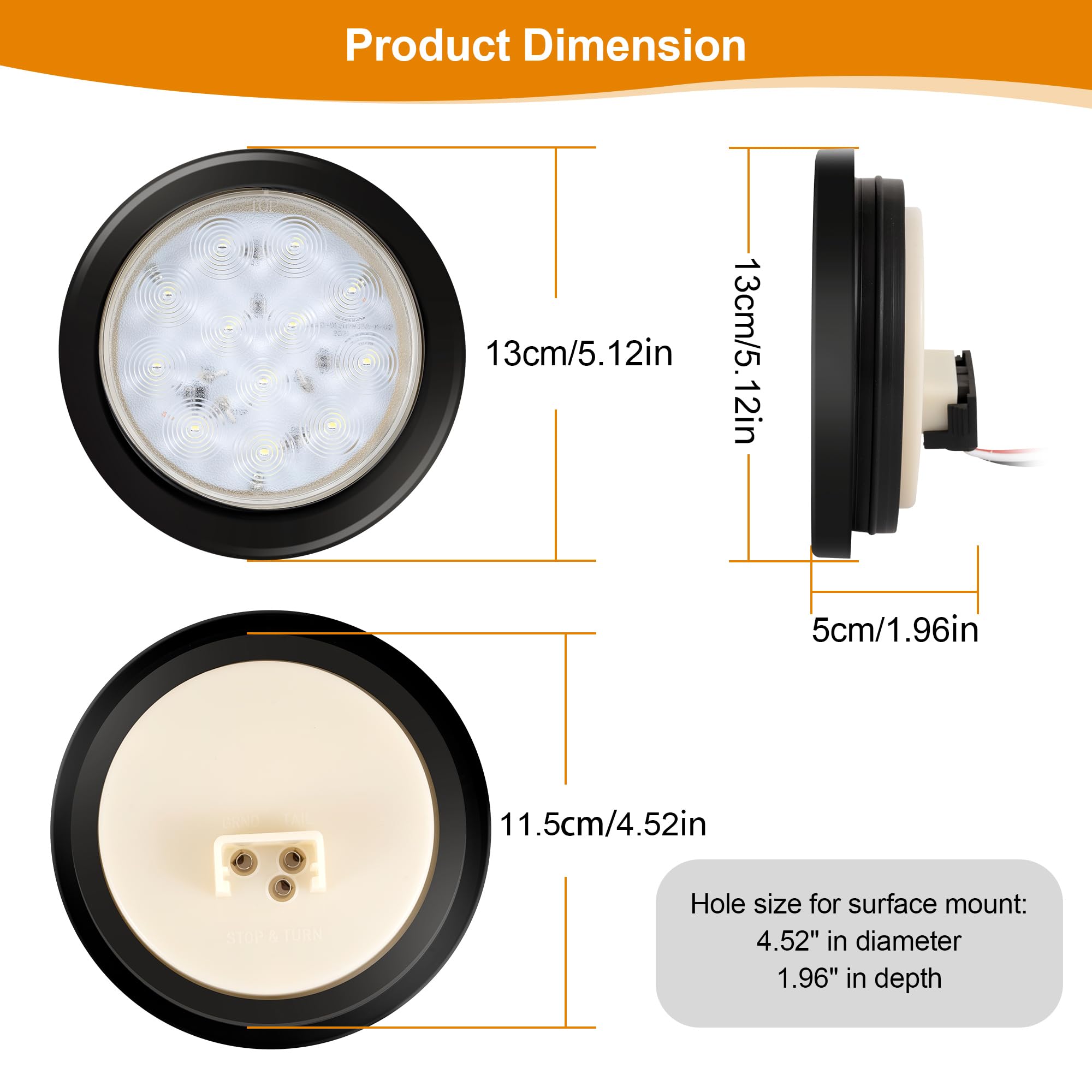 Runhwee 2Pcs 4'' Round Led Trailer Lights Kit White 12 Led Boat Marker Lights Brake Lights Stop Turn Side Utility Tail Lights Wa