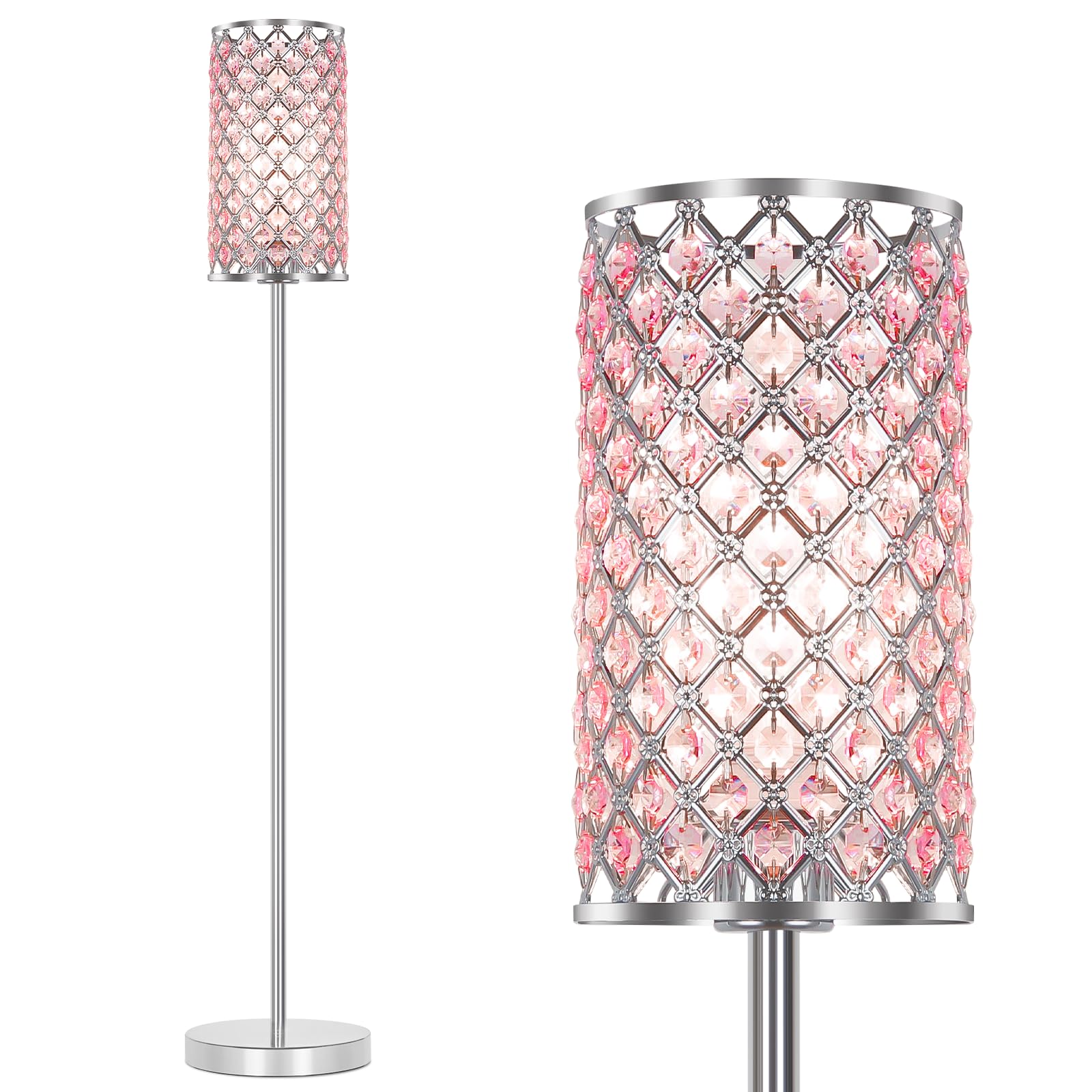 Crystal Floor Lamp for Bedroom, Silver Floor Lamp with Pink Shade, Girls Floor Lamp with On/Off Foot Switch, Elegant Standing Li