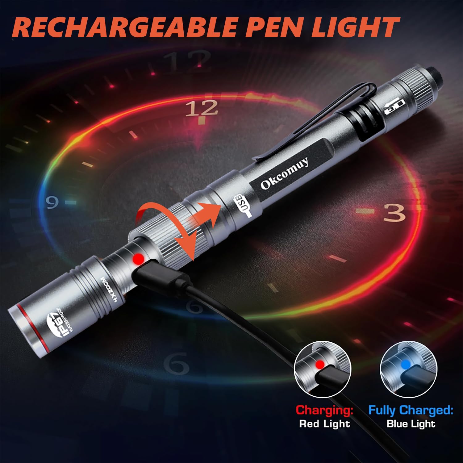 okcomuy Rechargeable Pen Light Flashlight, IP67 Waterproof, 4-Zoomable, Aluminum, Dark Grey, 1 Pack, Model PL-9266