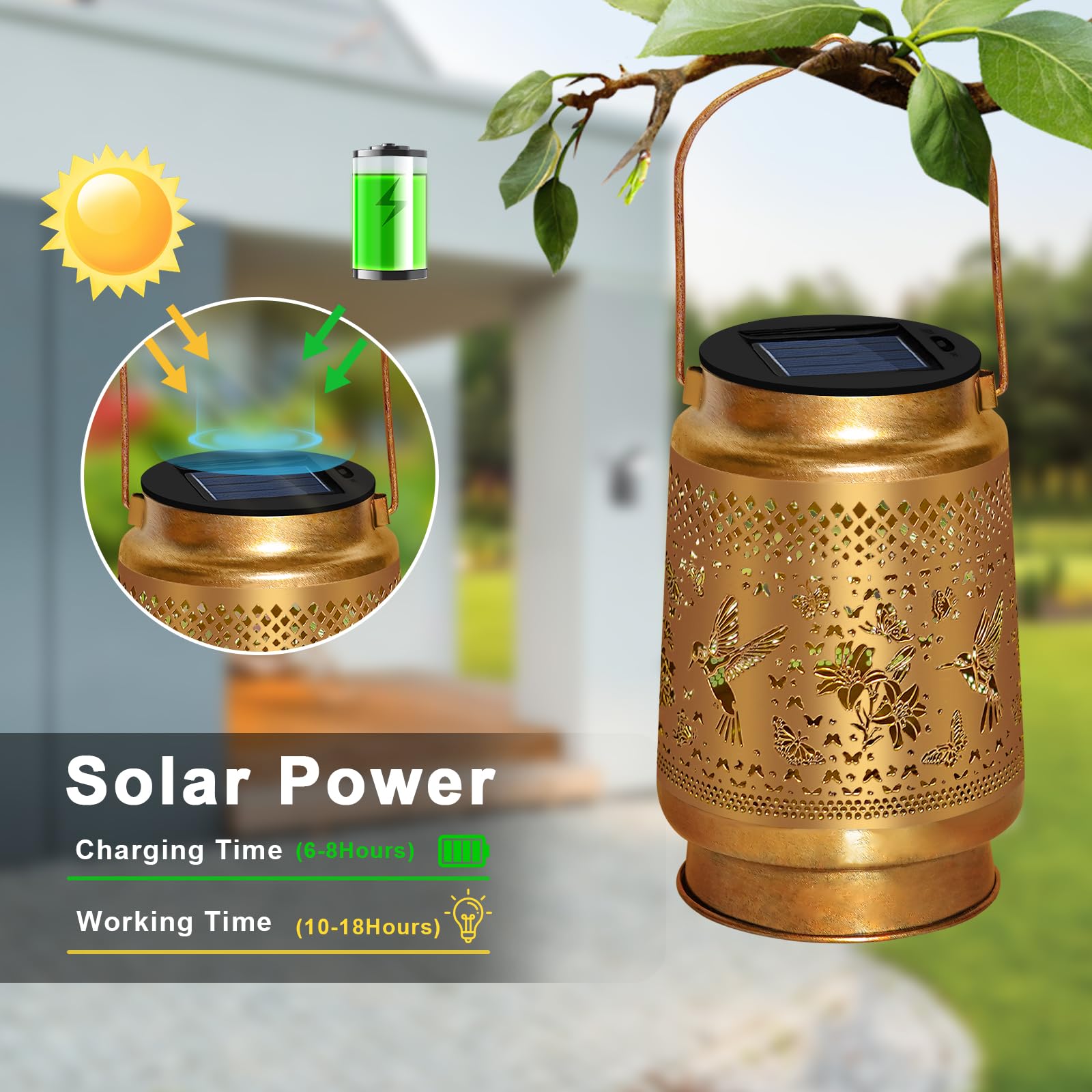 Hummingbird Solar Lantern Outdoor Waterproof, Mothers Day Gifts Hanging Garden Lights With Metal Design - Patio Decor, Christmas