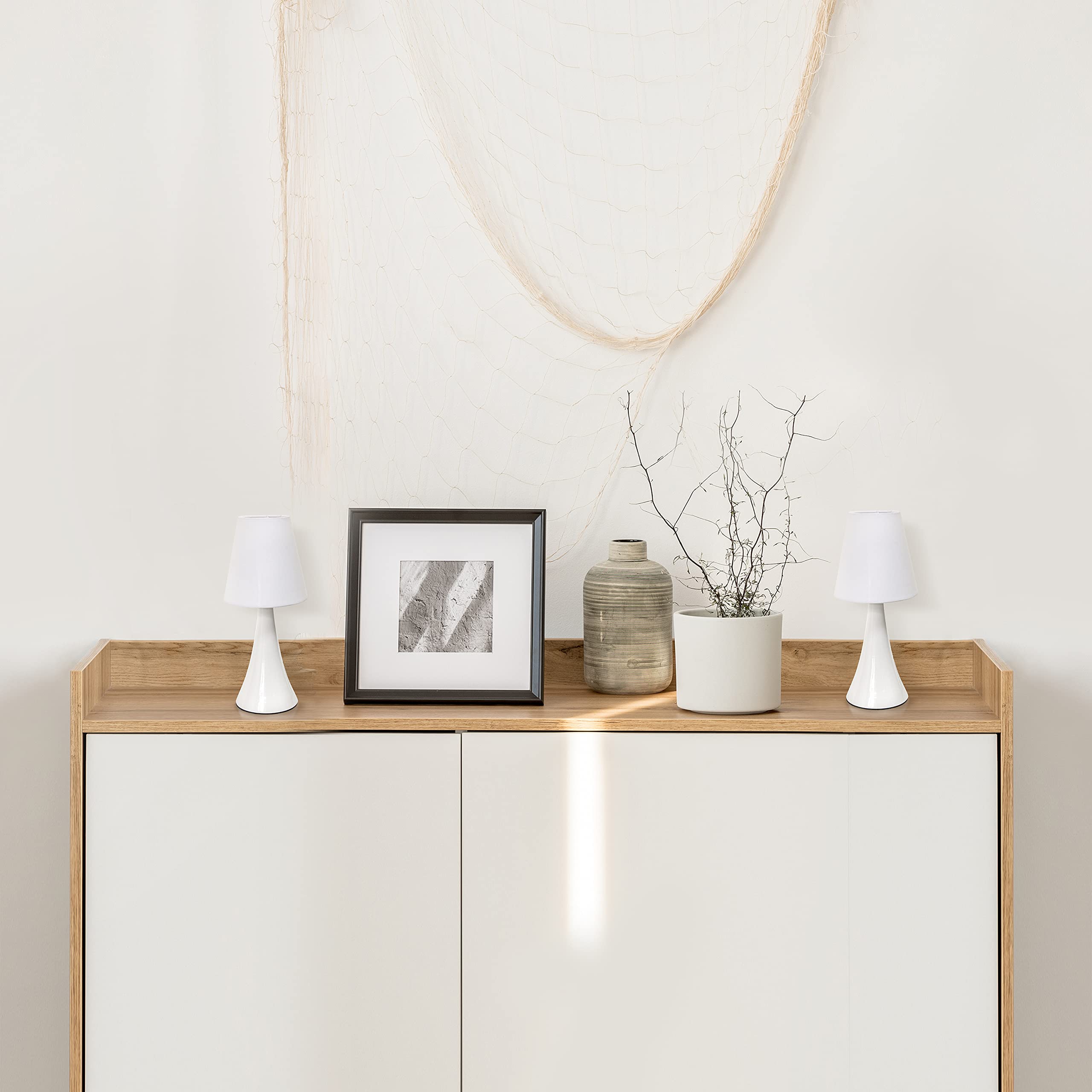 Simple Designs Lt2042-Wht-2Pk 12" Valencia 2 Pk Contemporary 4 Settings Touch Metal Mini Tapered Table Lamp Set With Fabric Shades For Nightstand, End Table, Bedroom, Office, White