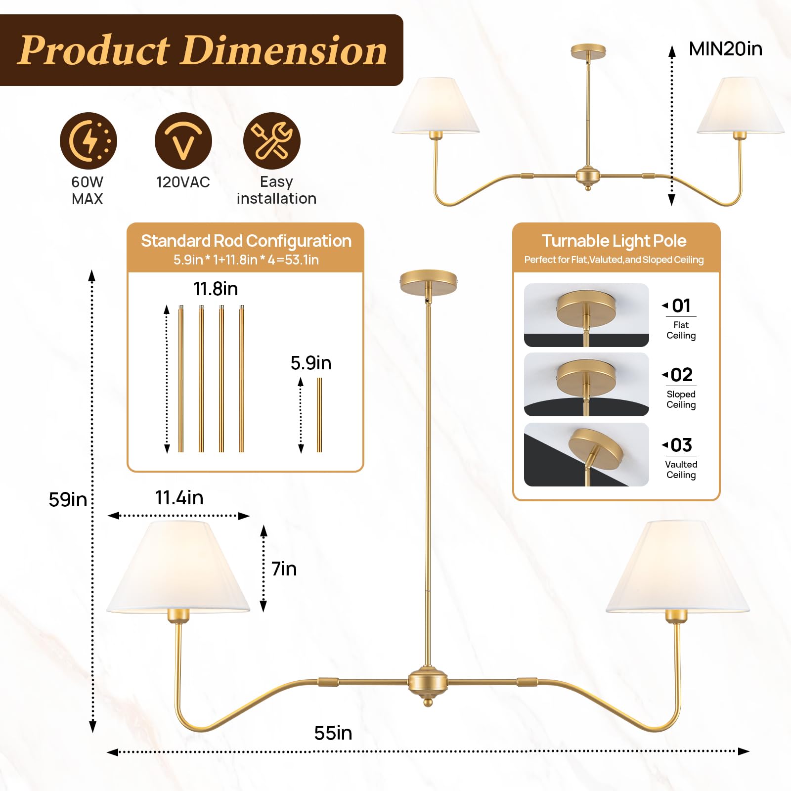 JSDORSY 2-Light Gold Linear Chandelier, 55" Adjustable Farmhouse Lighting with White Fabric Shades, Model JL-2T-Gold