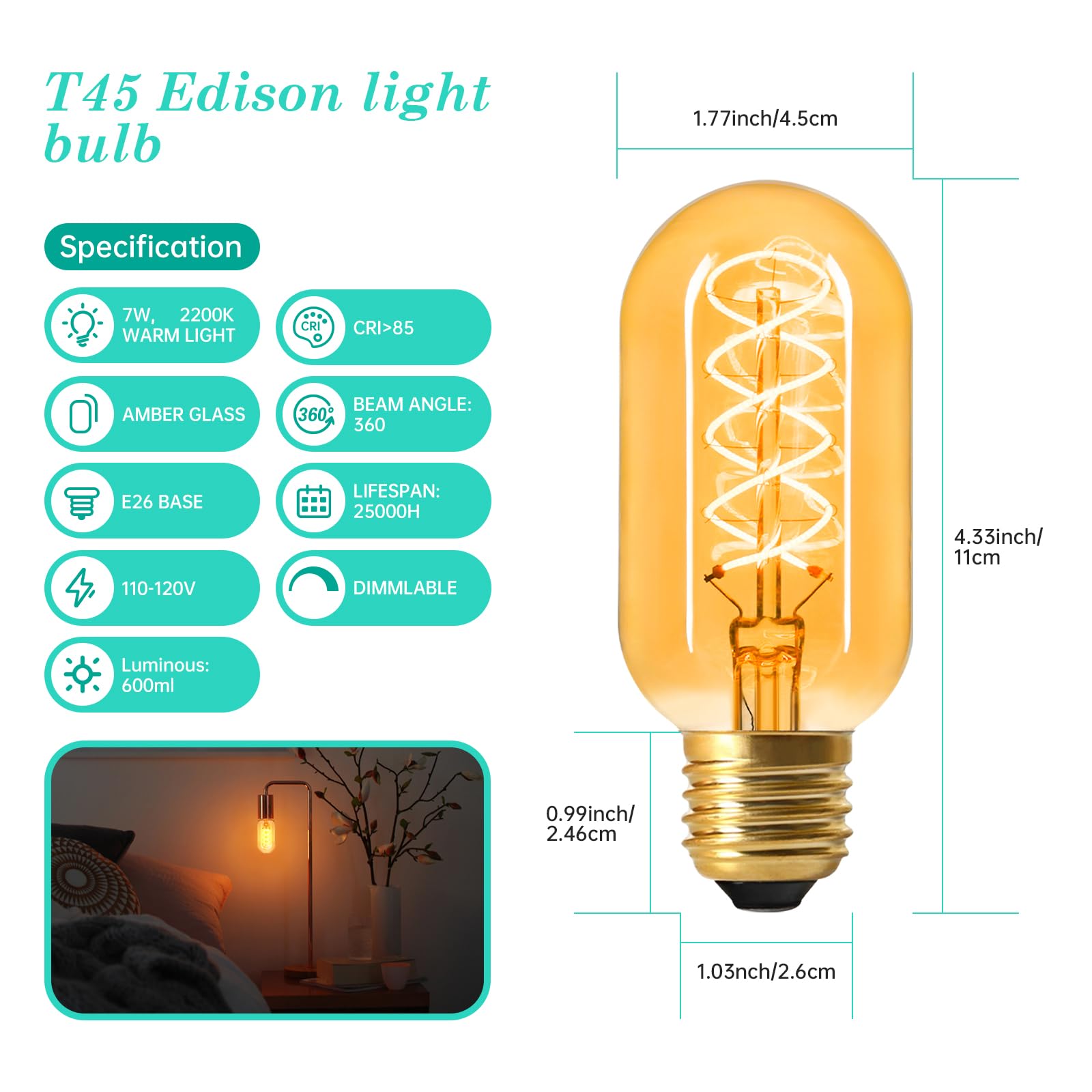 Amdtu E26 Edison Bulbs 60 Watts Equivalent, 600 Lumens Led Bulbs 7W, Ultra Filament Spiral E26 Base Edison Led Bulbs Dimmable, W