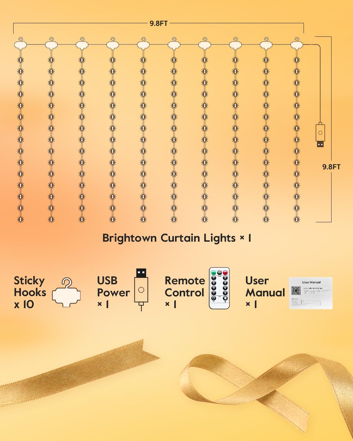 Brightown Smart Curtain Lights - 9.8ft 300 LED Warm White USB Fairy Lights with APP & Remote, Waterproof for Indoor & Outdoor Decor