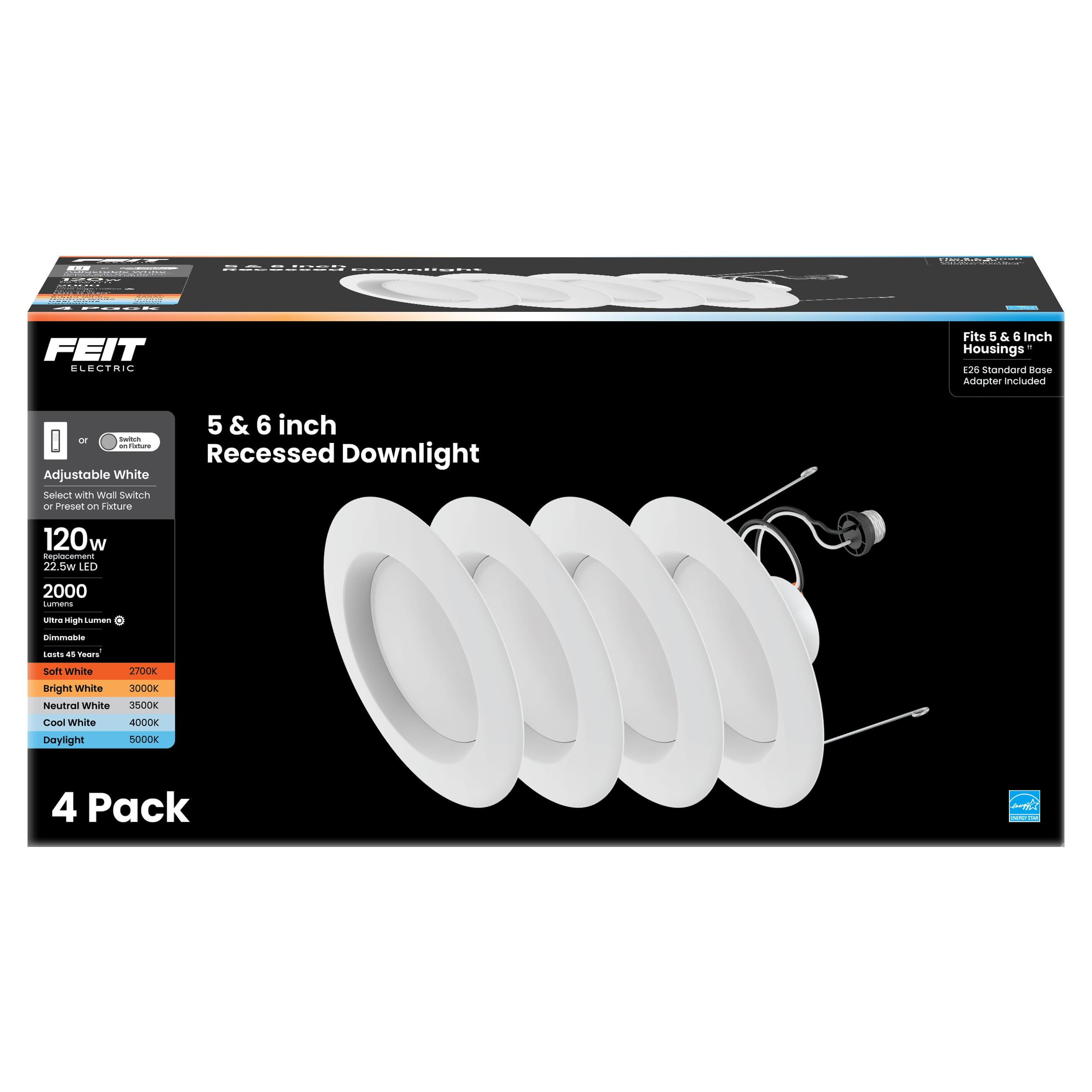 Feit Electric 5/6 Inch Led Recessed Downlight, 22.5W (120W Eqv), Dimmable, Adjustable White 2700K-5000K, Retrofit Kit, E26 Adapt