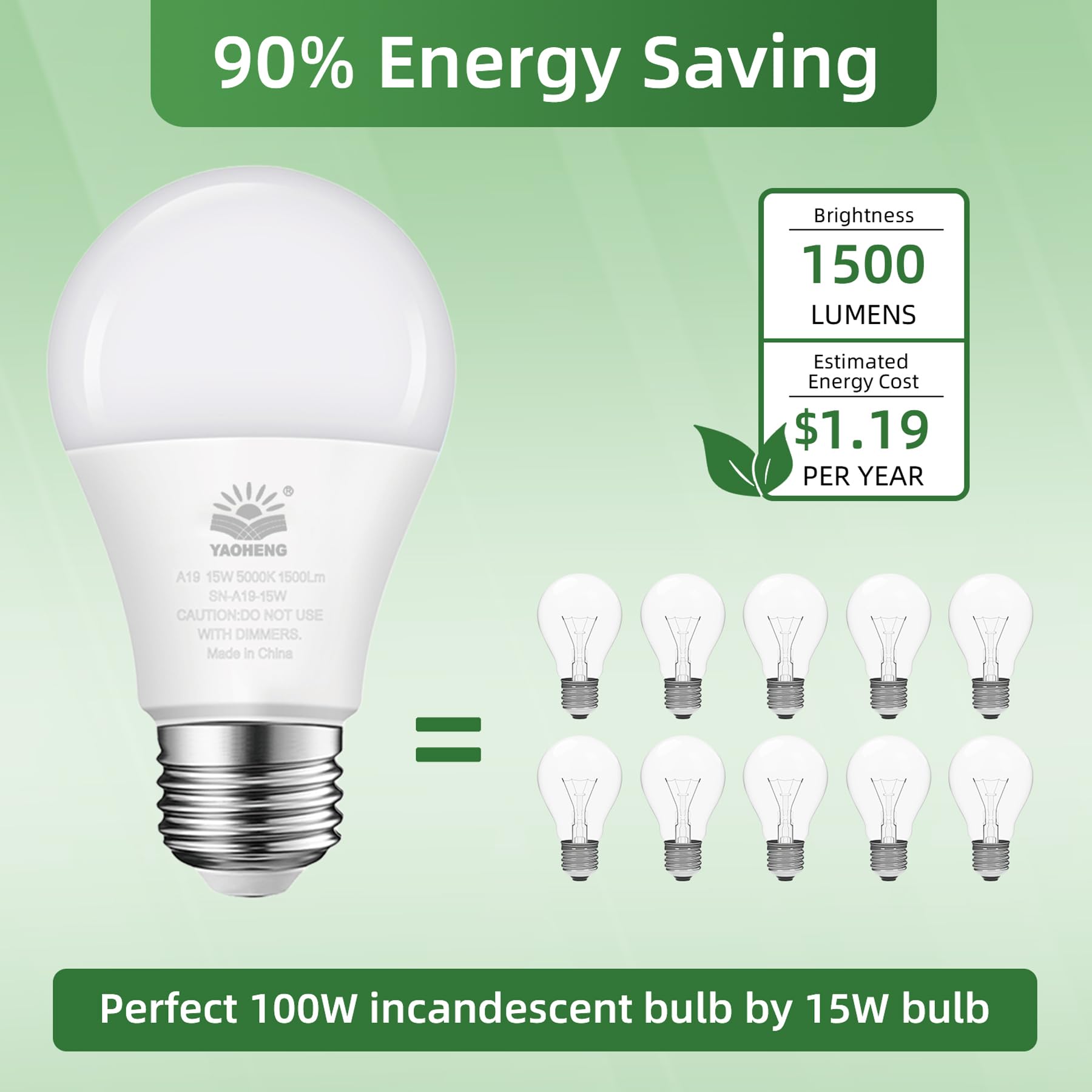 Yaoheng A19 Led Light Bulb, 100 Watt Equivalent Led Bulbs, 5000K Daylight White, 1500 Lumens, Standard E26 Base, Non-Dimmable 15