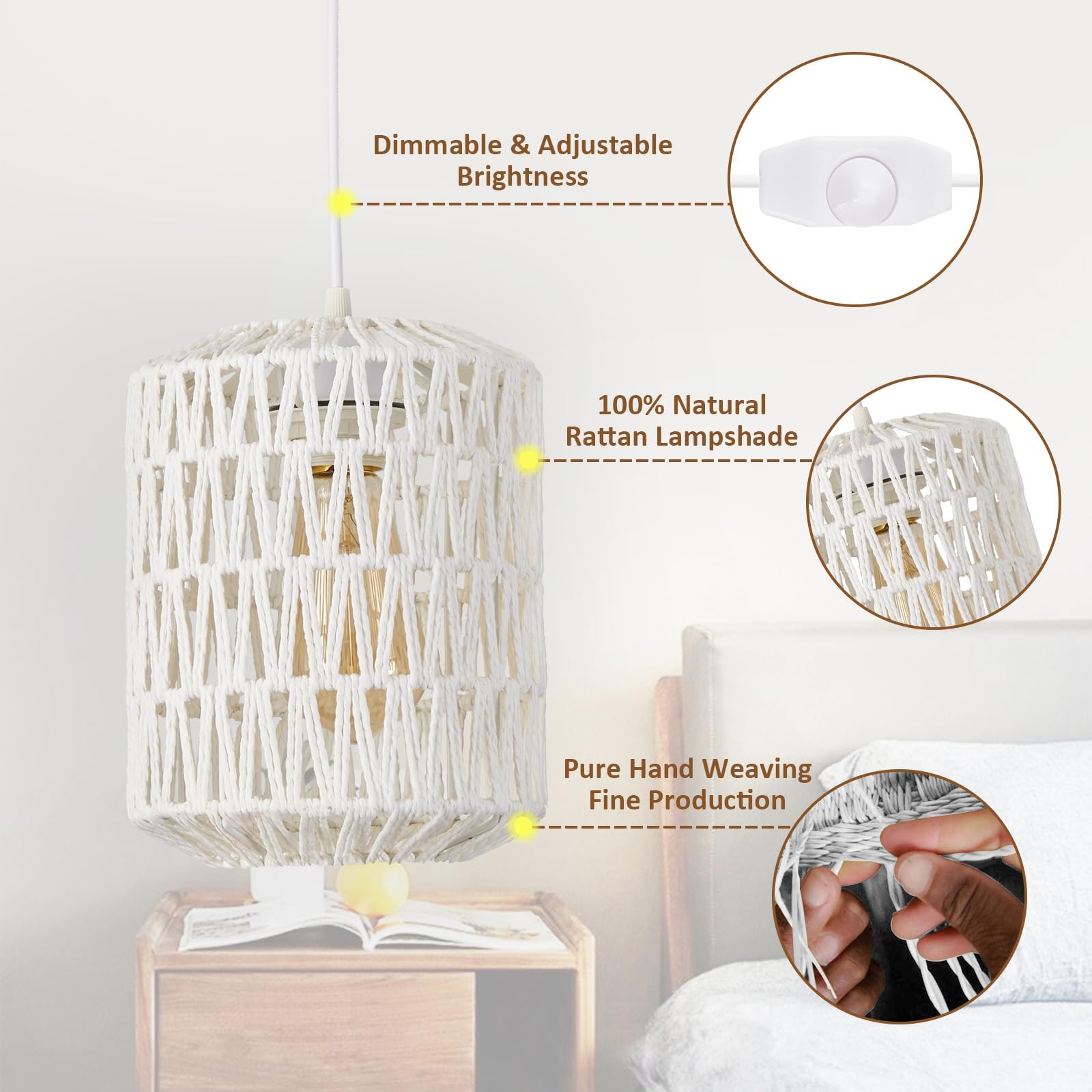 Plug In Pendant Light, Rattan Hanging Lights With Plug In Cord 15Ft Dimmable Cord, Hand Woven Wicker Lampshade Hanging Lamp, Boh