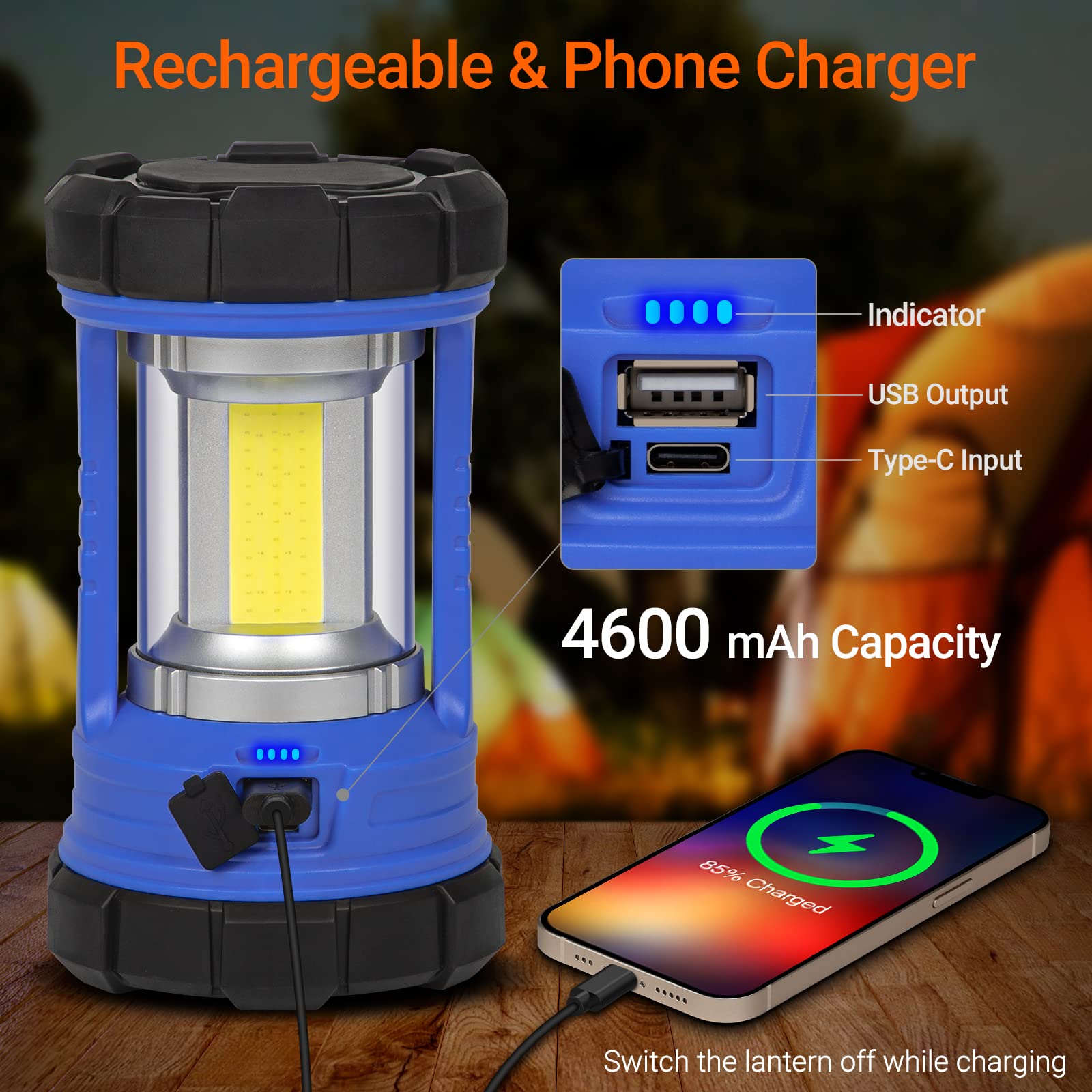 CT CAPETRONIX Camping Lantern 3200LM LED Rechargeable 4600mAh Charger, 5 Light Modes, Royal Blue, Model HW0YY05
