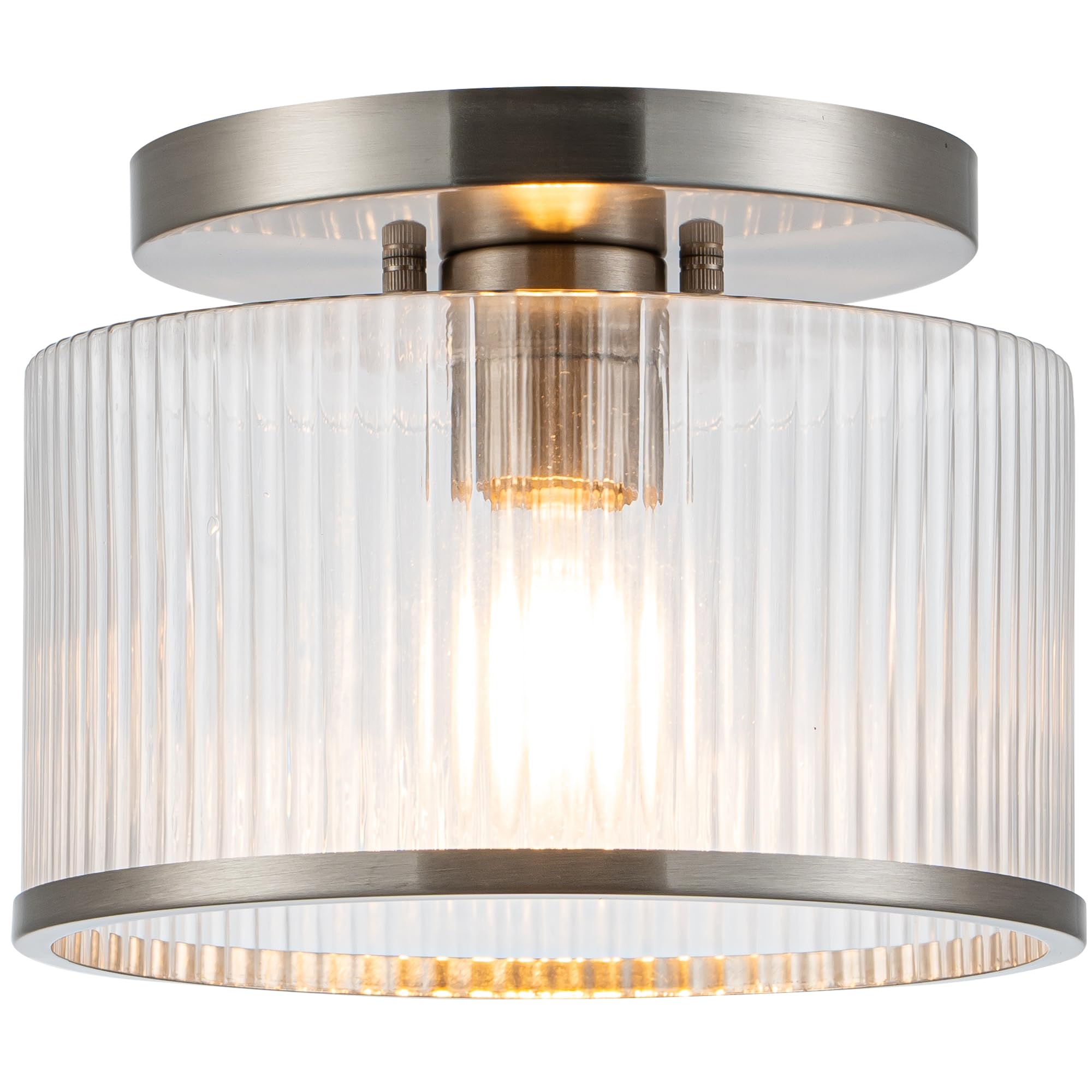 Zlepmlla Glass Ceiling Light, Clear Ribbed Glass Ceiling Light Fixture with Nickel Metal Frame, Modern Semi Flush Mount Ceiling 