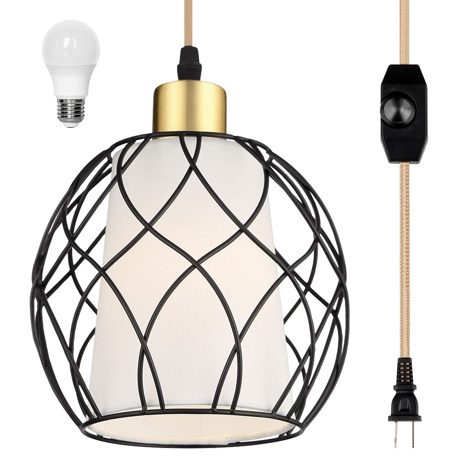 Cinkeda Black Plug-In Pendant Light, Dimmable Farmhouse Hanging Lamp With Linen Shade, Bulb Included