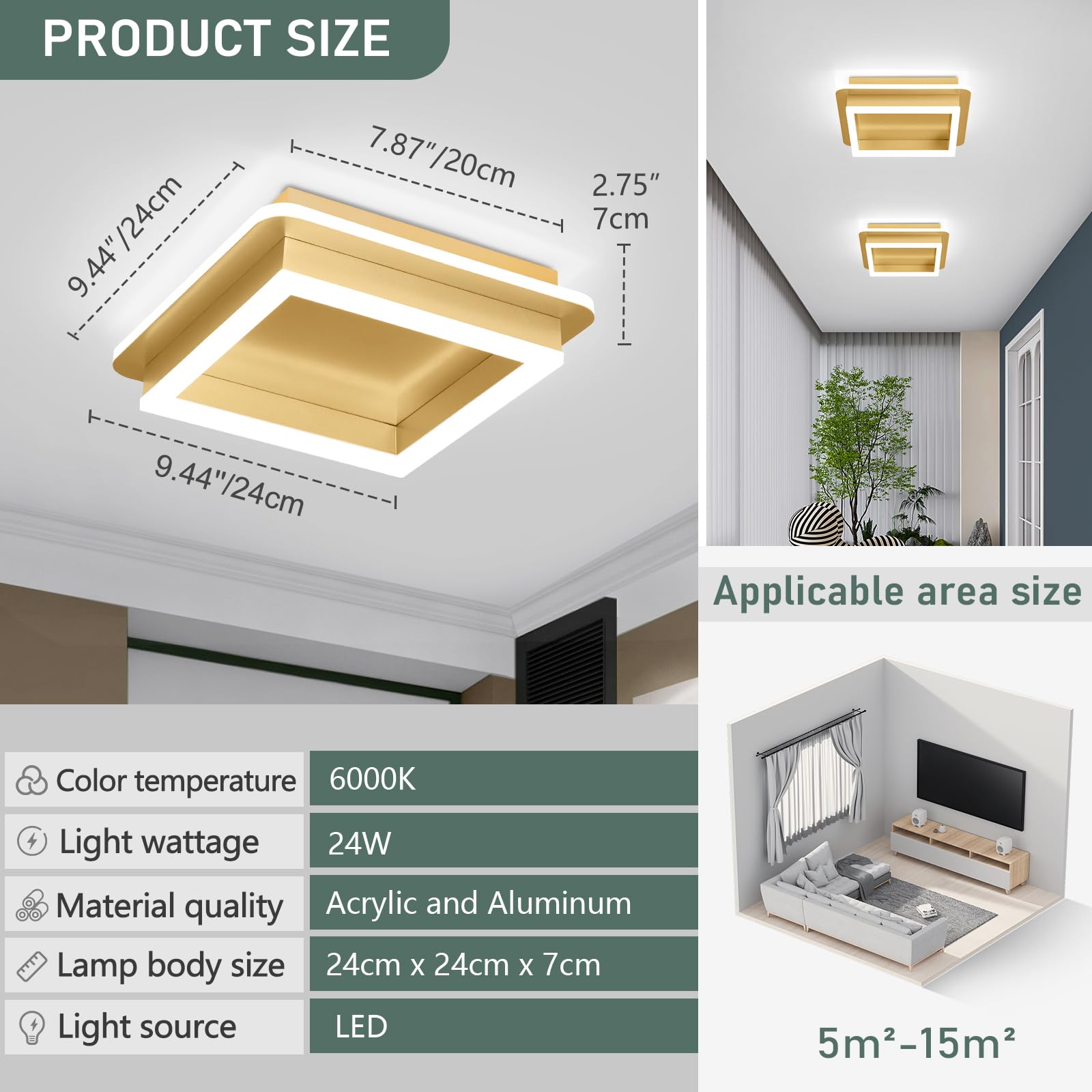 Caneoe Square Led Hallway Ceiling Light, Gold Modern Led Ceiling Light Fxitures, 6000K Cold White Small Flush Mount Ceiling Lamp