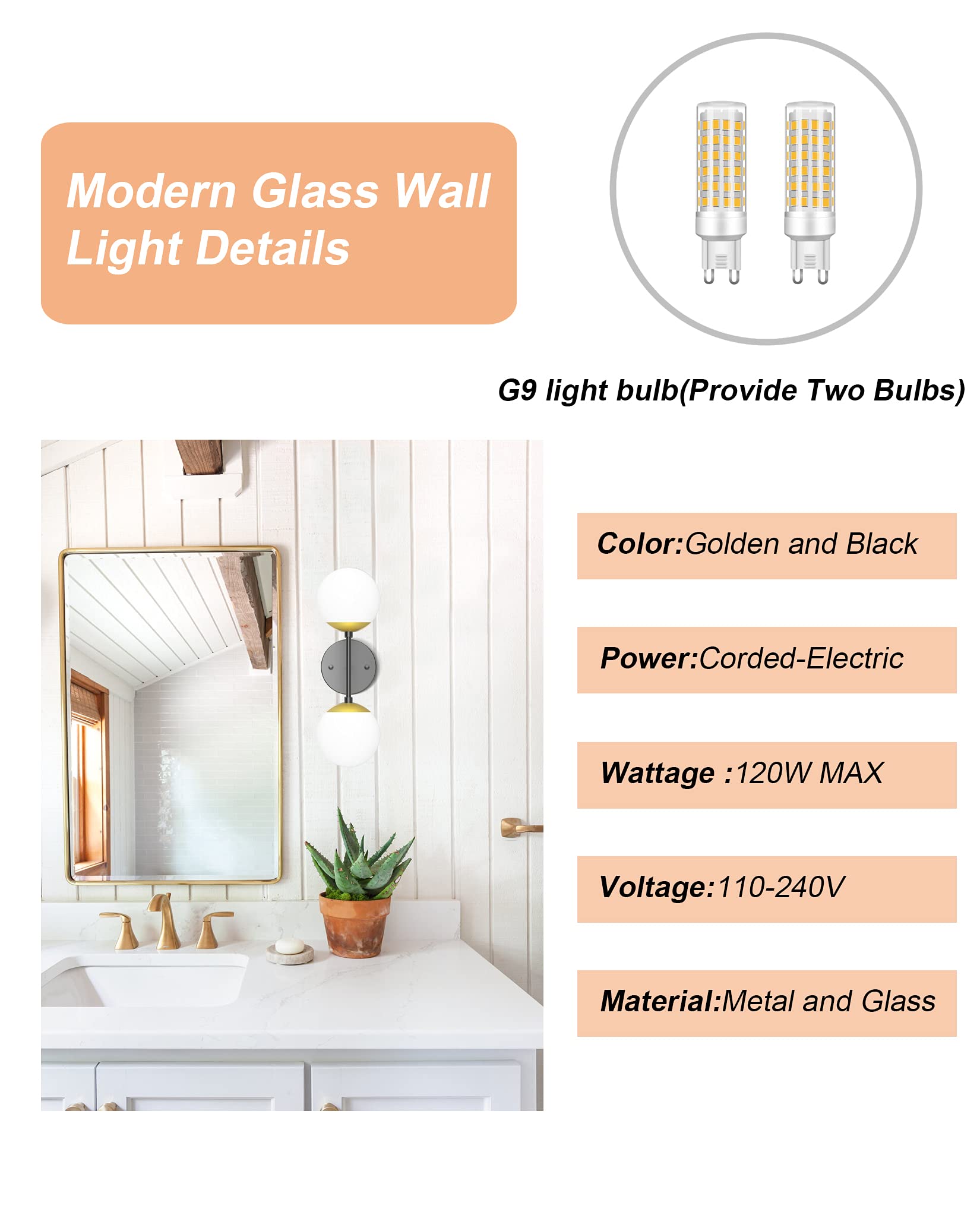 Tipace Wall Light Sconce, Mid Century Modern, 2 Lights, 3000K Bulbs Included, Black and Gold, Model 020