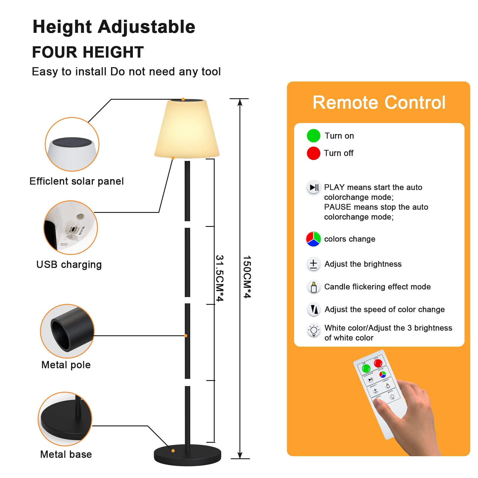 Ggii Solar Outdoor Floor Lamp Usb Rechargeable Cordless Dimmable Rgb Warm White Led Lights For Yard Garden Patio Round Base 59 I