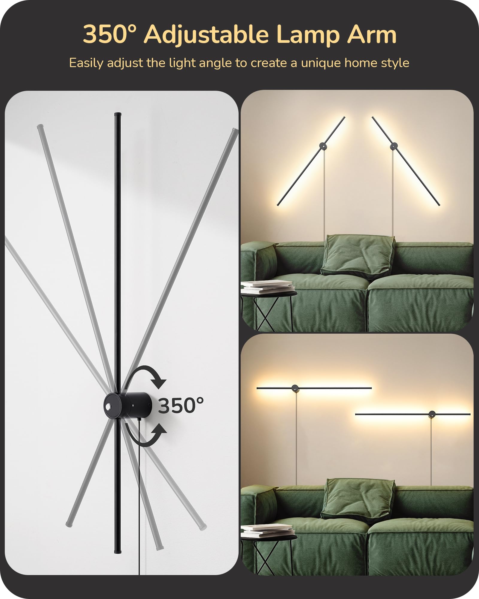 EDISHINE Dimmable LED Wall Sconce Set of Two, 2700K-6000K, Touch Control, 350° Rotation, Black, Model 97b89f47-ca