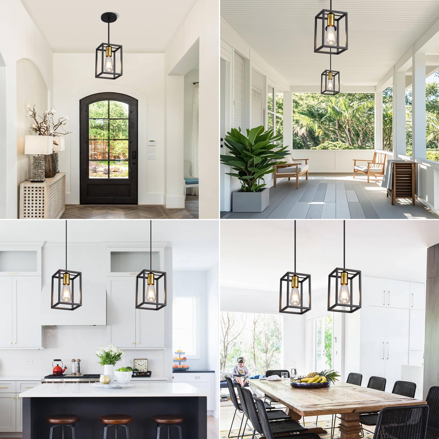 Aojunsansan Black Pendant Lights For Kitchen Island Industrial Lantern Pendant Light Fixtures With Golden Lamp Cup  Farmhouse Adjustable Height Hanging Pendant Lighting
