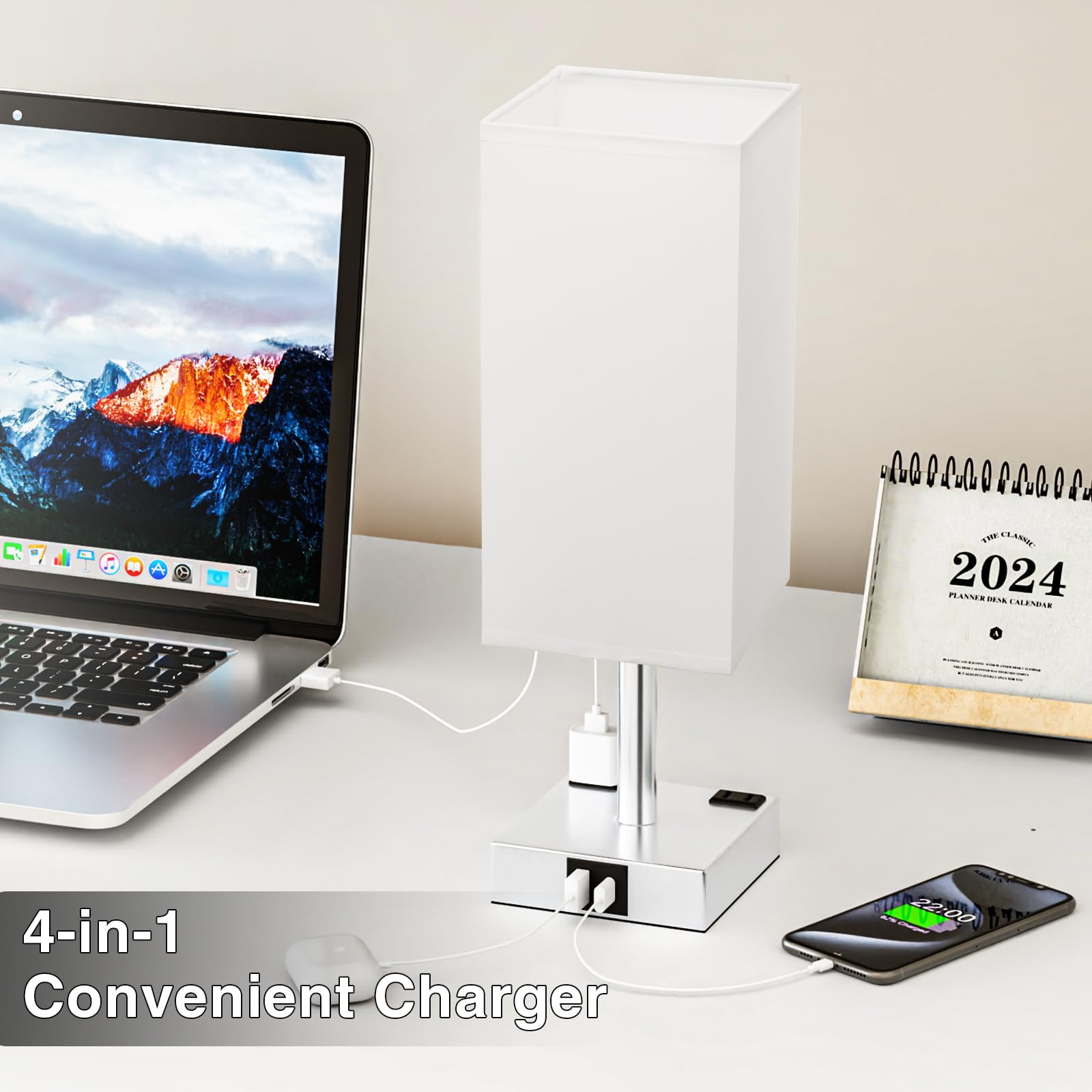 aooshine Touch Bedside Table Lamp - 3-Way Dimmable, USB A & Type C Ports, 14in, White & Silver, Includes E26 LED Bulb