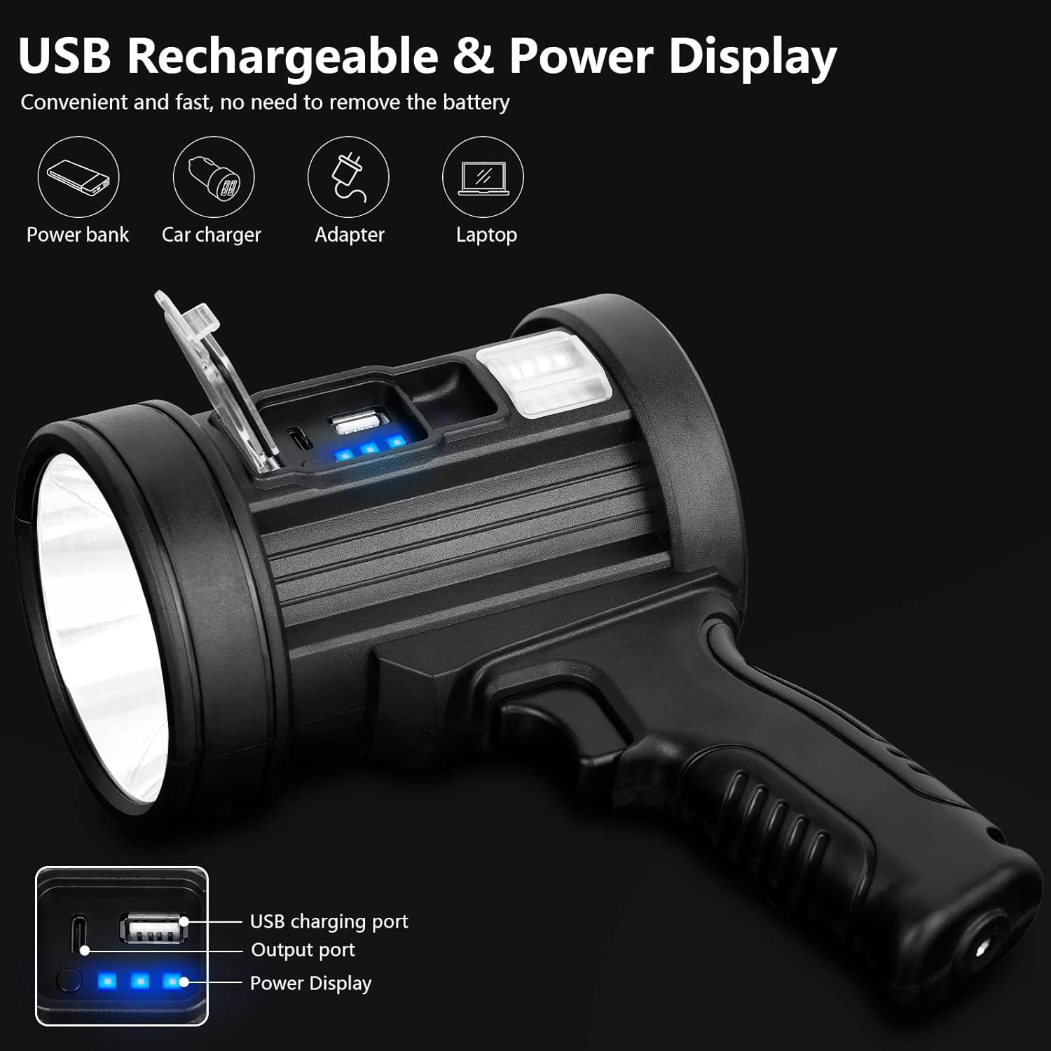 MIXILIN Rechargeable Spotlight 150000 Lumens LED Flashlight, Lightweight Black Handheld Model W-5113 for Hunting, Boating, Camping