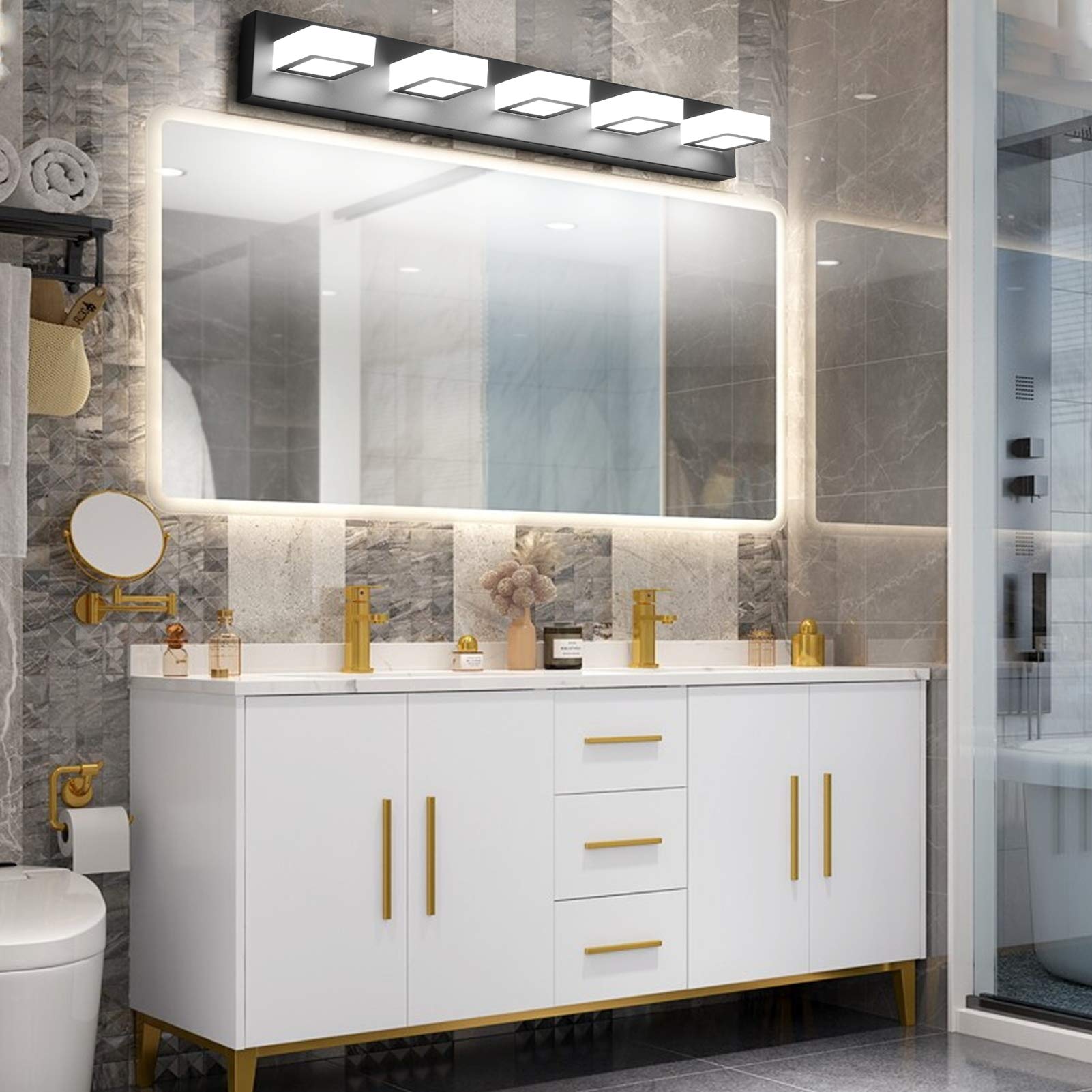 Ralbay 5-Light Modern Black Bathroom Vanity Lighting Fixtures, Adjustable Acrylic, Natural White Light, Model black-8590-5T-45K