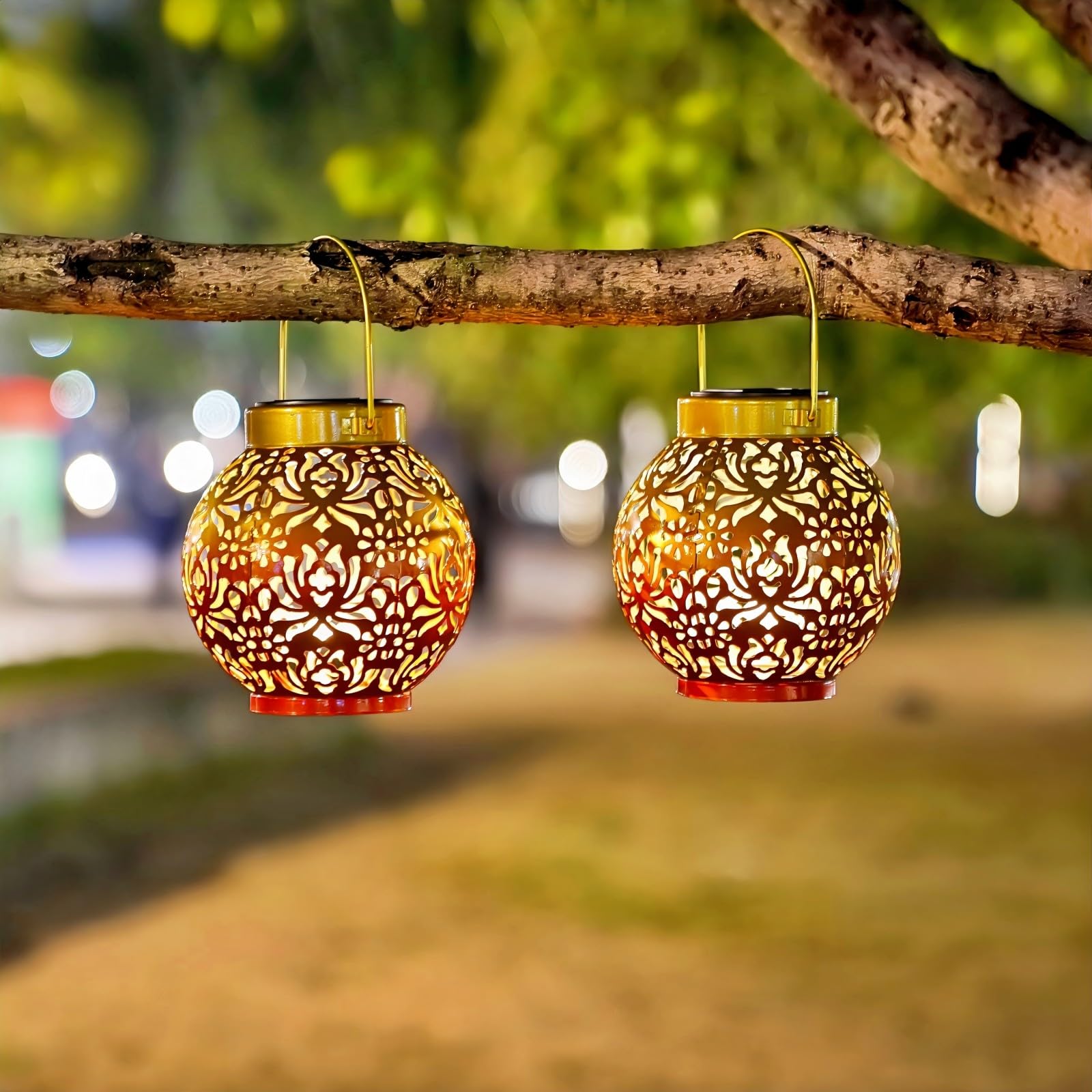 EXCMARK Solar Hanging Lantern Lights, Metal LED, Floral Design, Sunset Blaze, 2 Pack for Garden, Patio, Lawn, Table