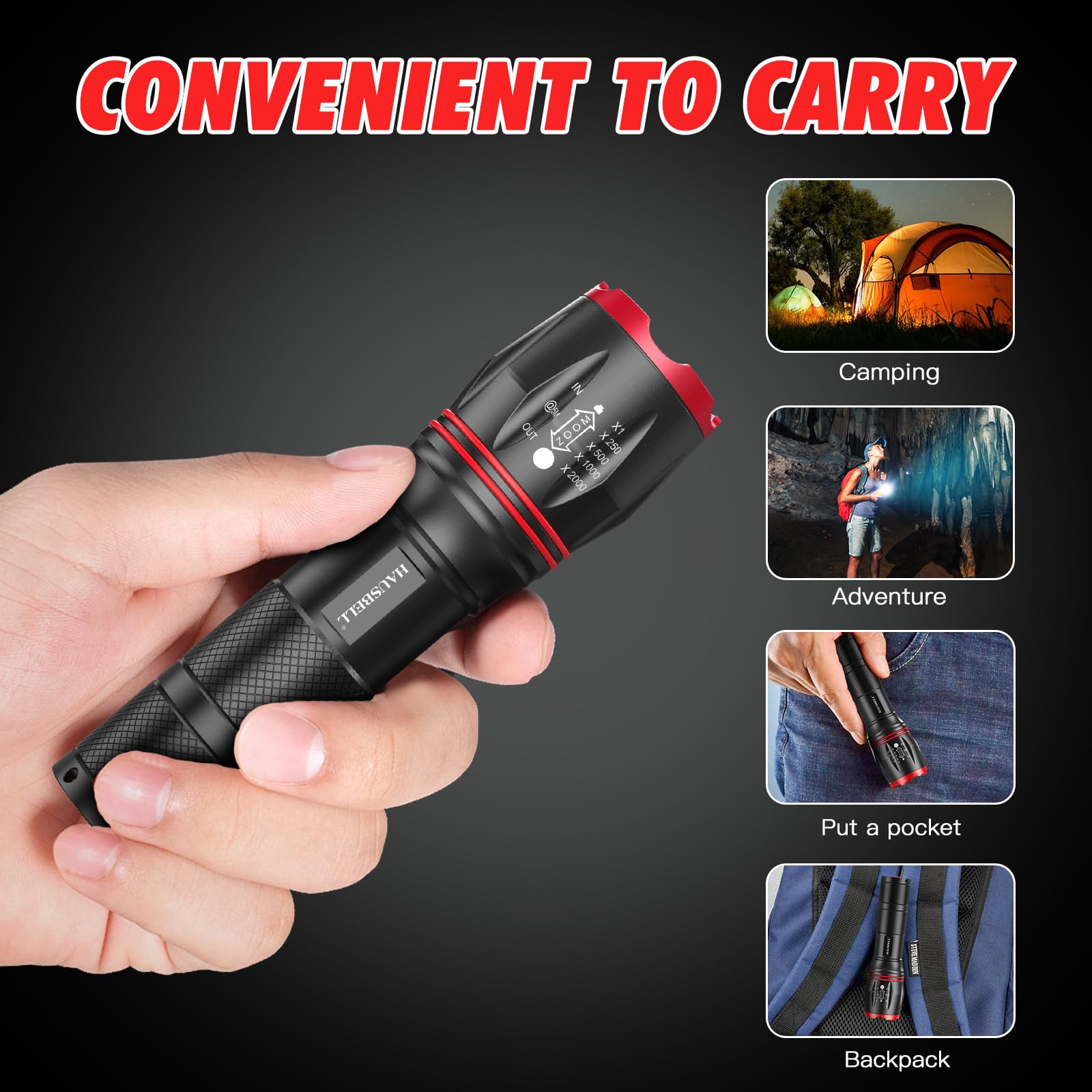 Hausbell Led A100 Flashlight Bright, Zoomable Tactical Flashlights Flash Light With High Lumens And 5 Modes For Emergency And Ou