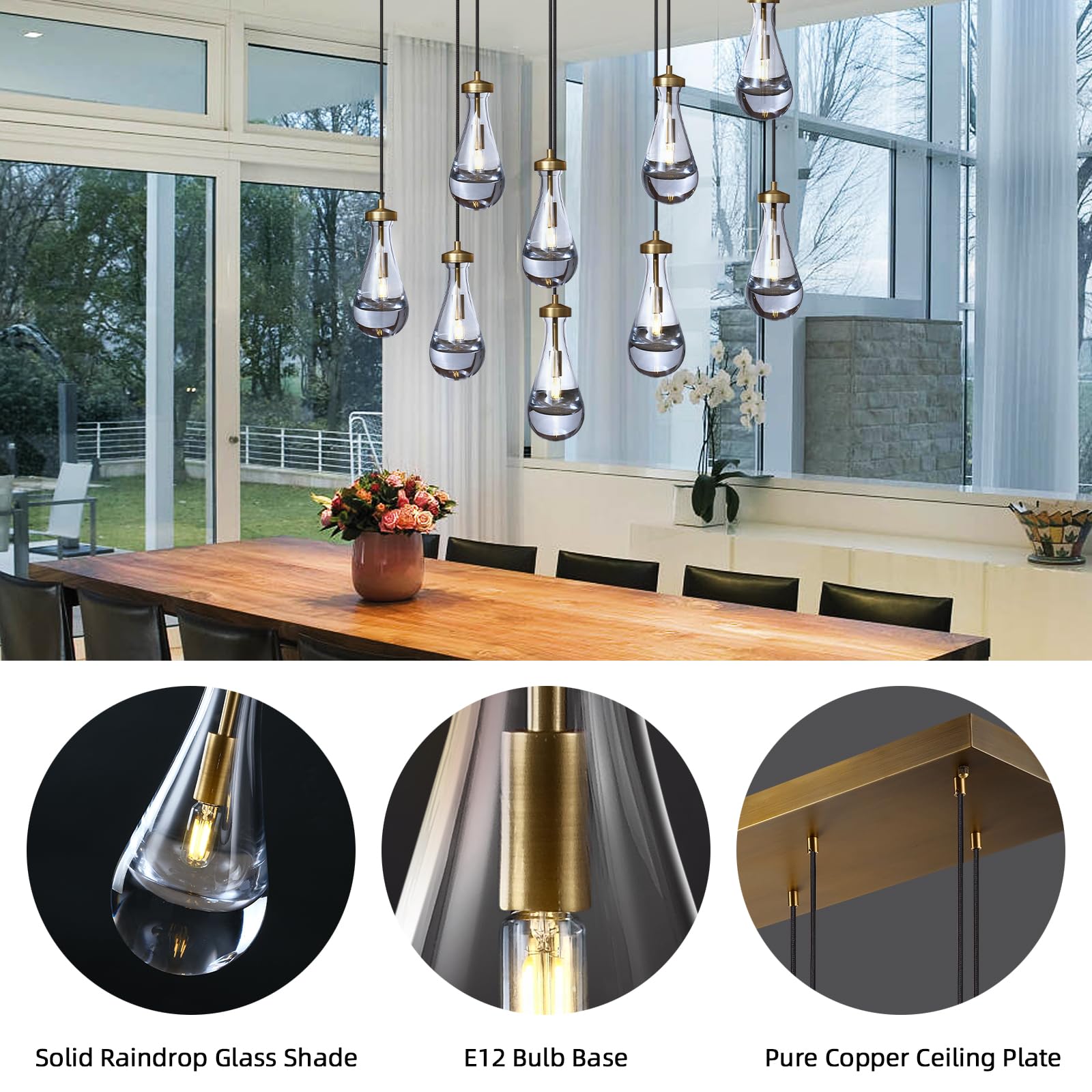 Joyunleo Raindrop 9-Light Brass Pendant Chandelier, Adjustable Rope Hanging Lamp for Dining Room and Living Room