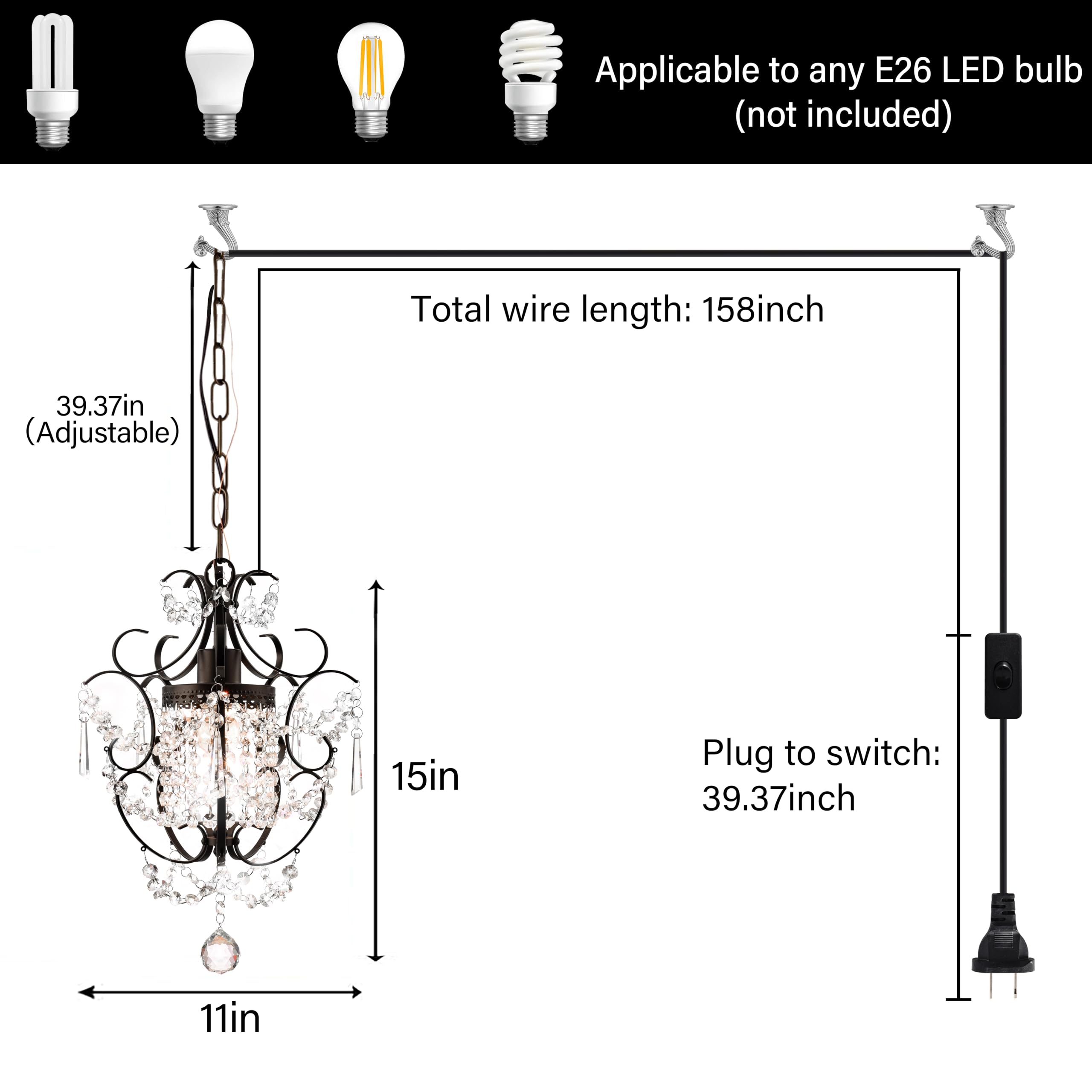 Plug In Pendant Lights With K9 Crystal Bronze Hanging Lamp With 15Ft Clear Cord & On/Off Switch