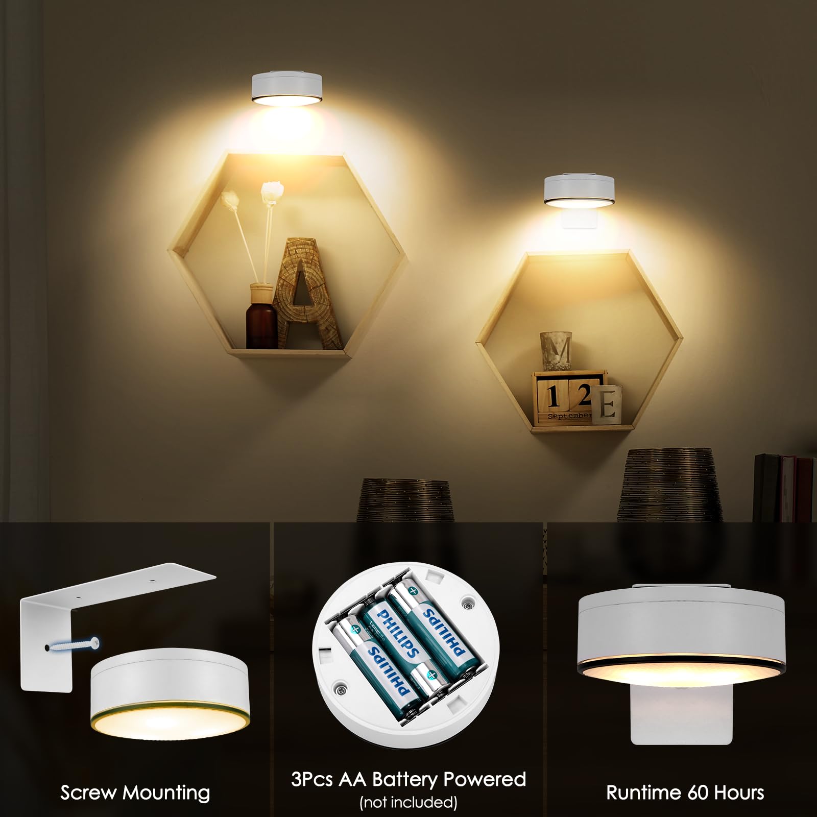 Arixinks 3Pcs Battery Picture Lights, Remote Painting Light For Art Disaplay,Magnetic Wall Picture Light Up/Down Light,Dimmable