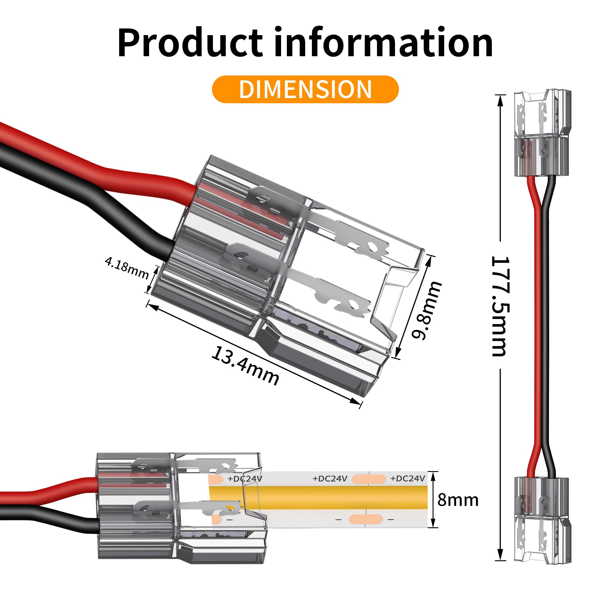 20 Pack Cob Led Connectors, 2 Pins 8Mm Solderless Crystal Connector 15Cm Double Headed Snap Connector Low Voltage Single Color L