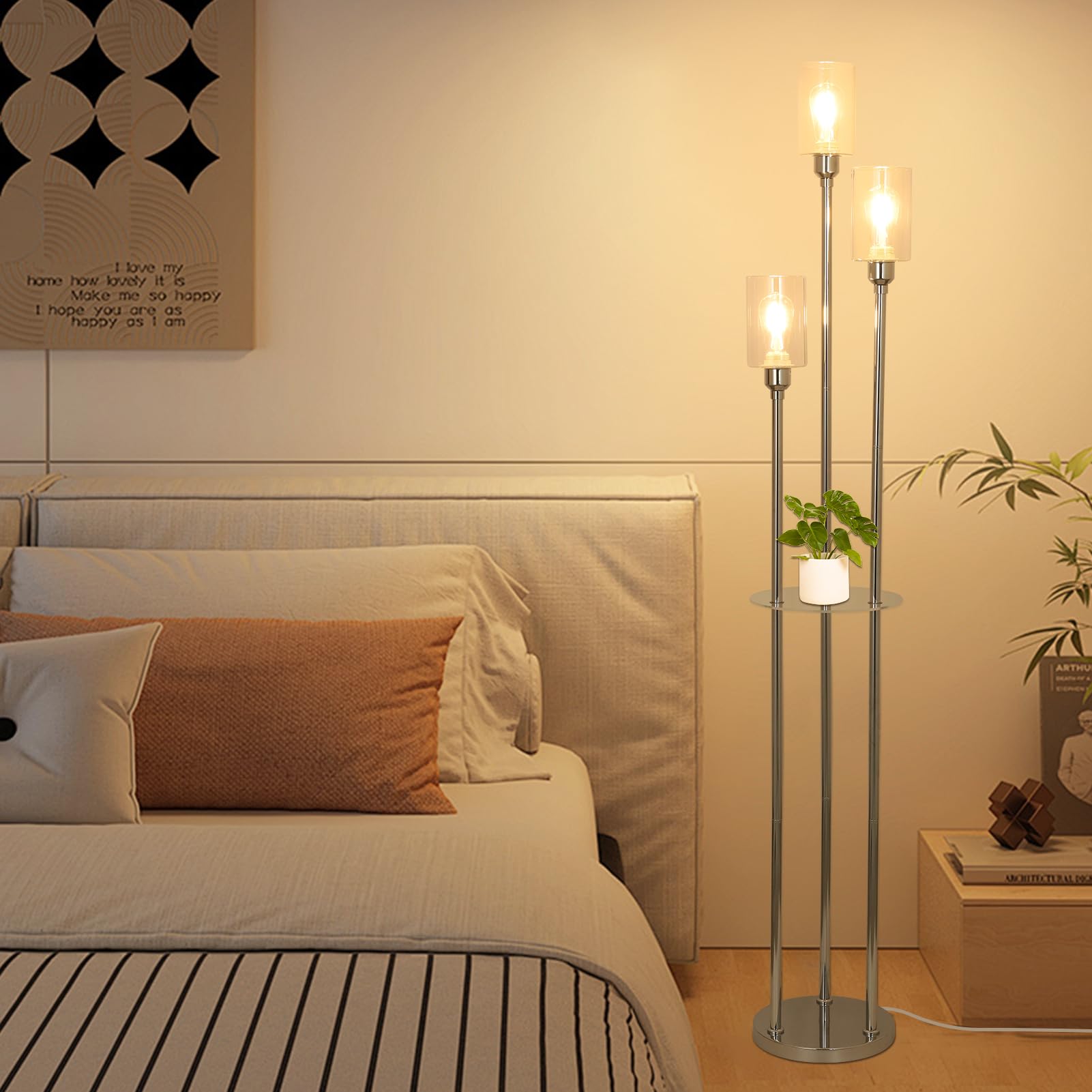 Hmvpl Modern Floor Lamps For Living Room, Silver Floor Lamp For Bedroom With Acrylic Shelves, 3-Light Chorme Standing Lamp With
