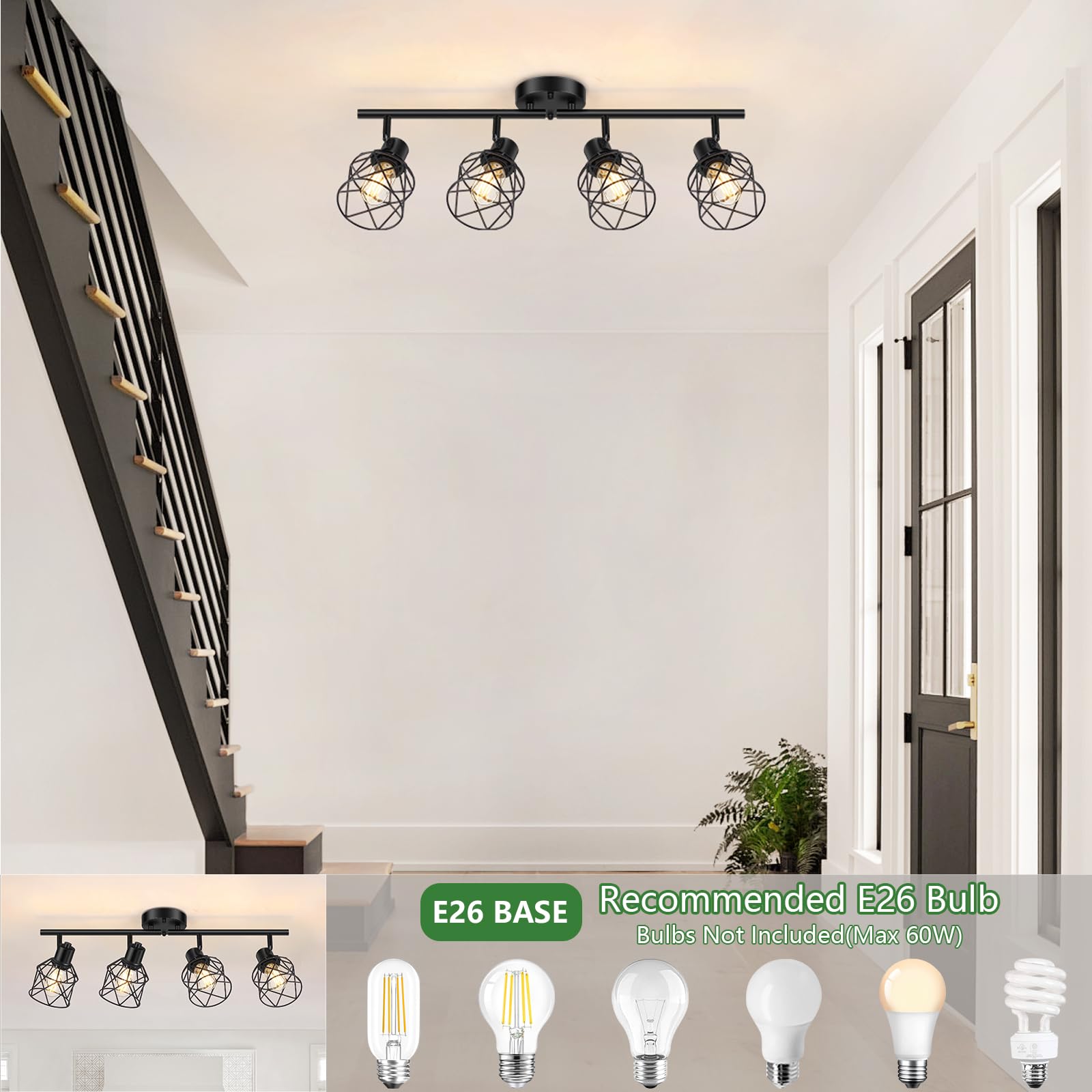 Baocuz 4-Lights Semi Flush Mount Ceiling Light, Adjustable Metal Cage Fixtures, Black, Model BTCL-4 for Dining & Living Room