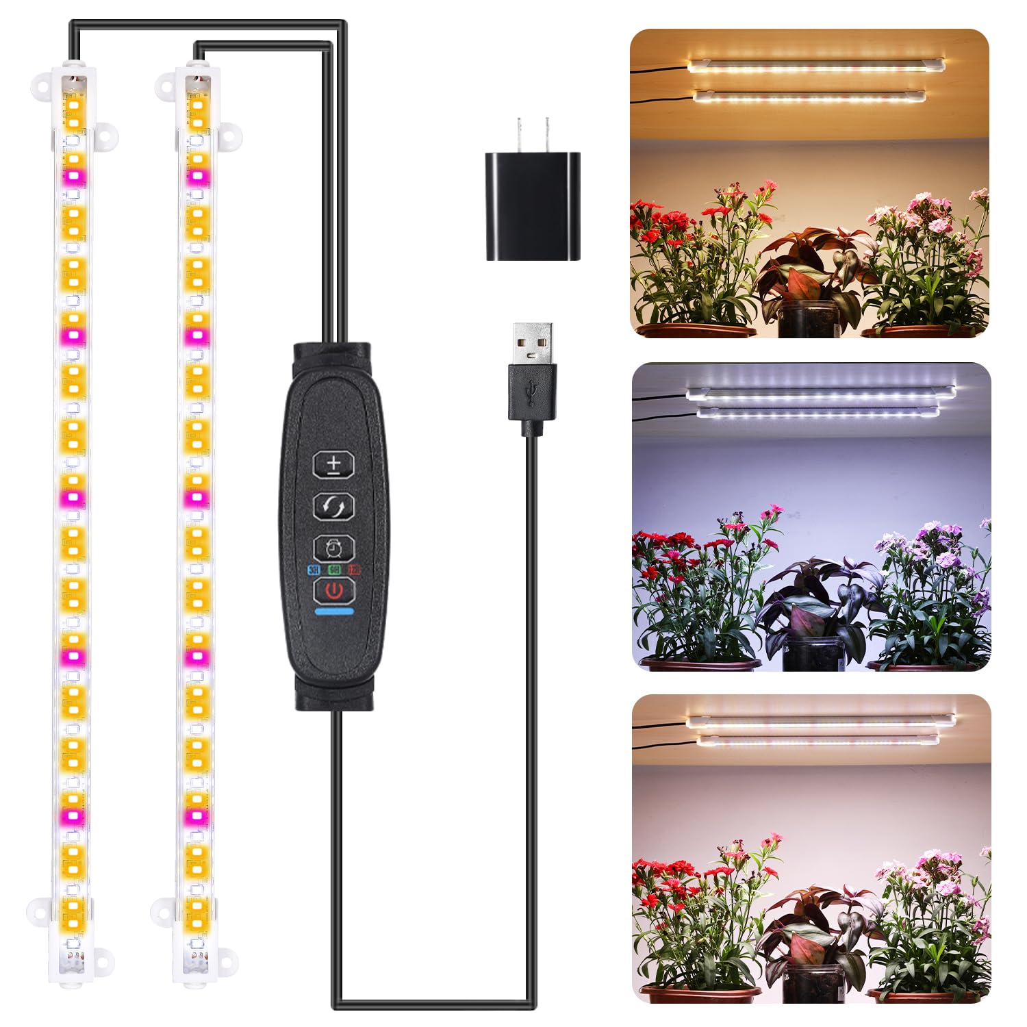 Rwntao Two Strip Growing Lamp For Indoor Plants, Red & 3000K & 6000K Full Spectrum Led Grow Light Strips With Auto On/Off 3/9/12H Timer,10 Dimmable Levels For Green House Succulent (13 In)