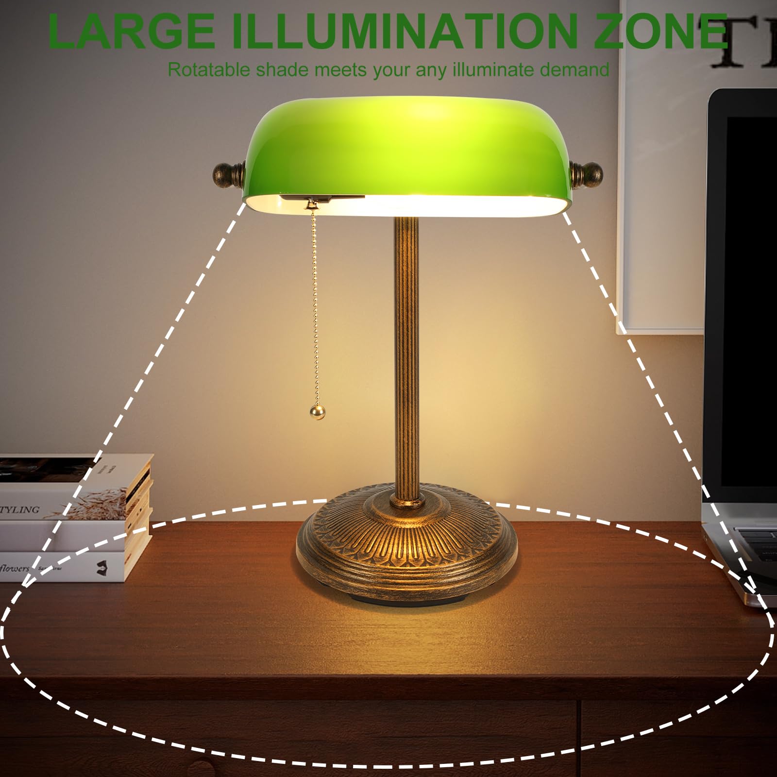 NISSAFORS Bankers Desk Lamp, Vintage Green Glass Shade, Small Retro Gold + Green, Model LB240023, LED Bulb Included