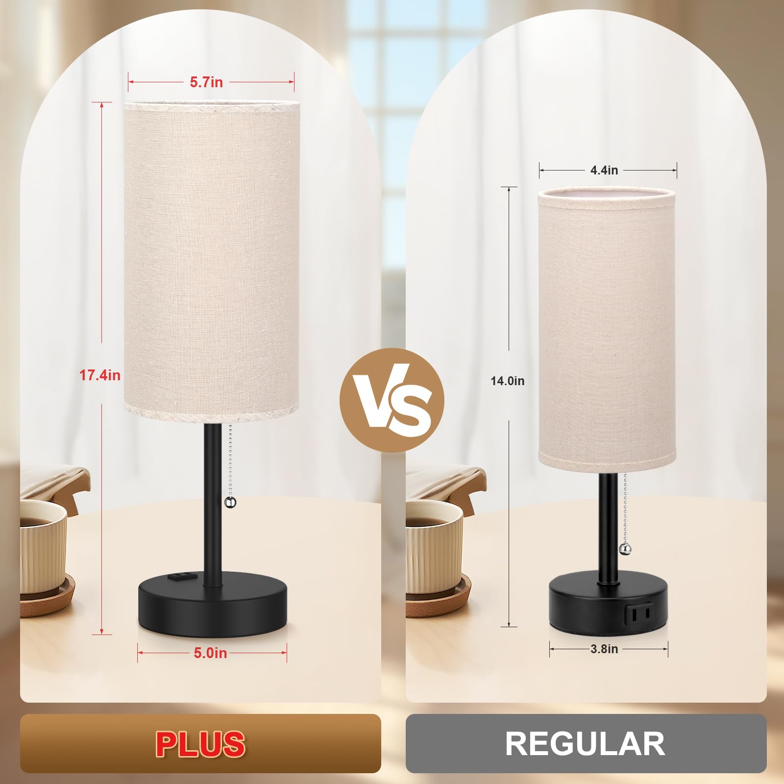 Fenmzee Plus Beige Bedside Table Lamps Set Of 2-3 Color Temperatures Pull Chain Lamp With Ac Outlet Charging Port, Two Round Nig