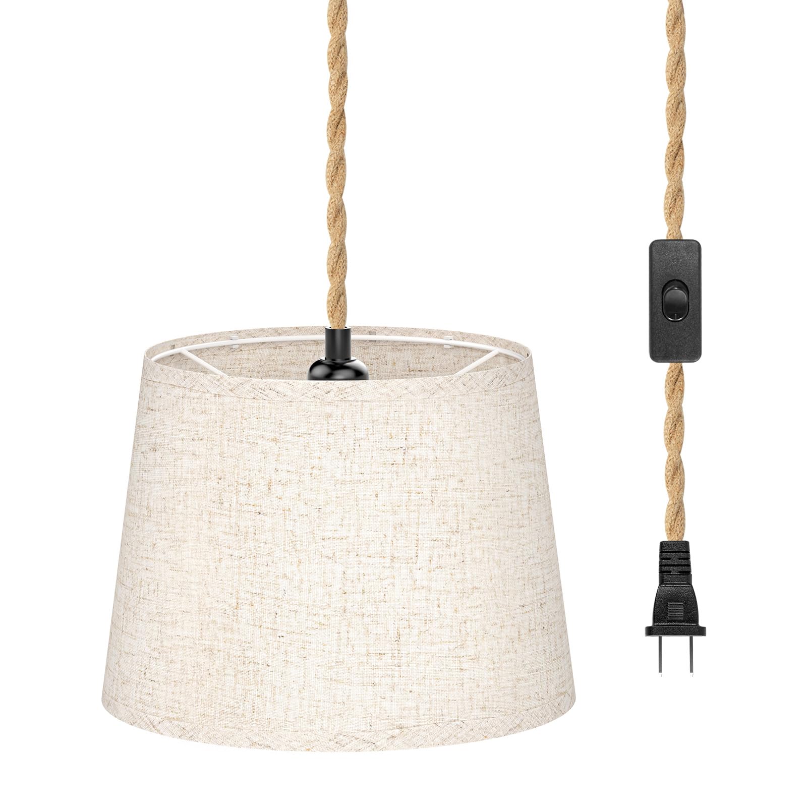 Hanging Lights with Plug in Cord, 15Ft Pendant Lamp Lights Cord Linen Shade, Industrial DIY Twisted Hemp Rope Chandelier Light F