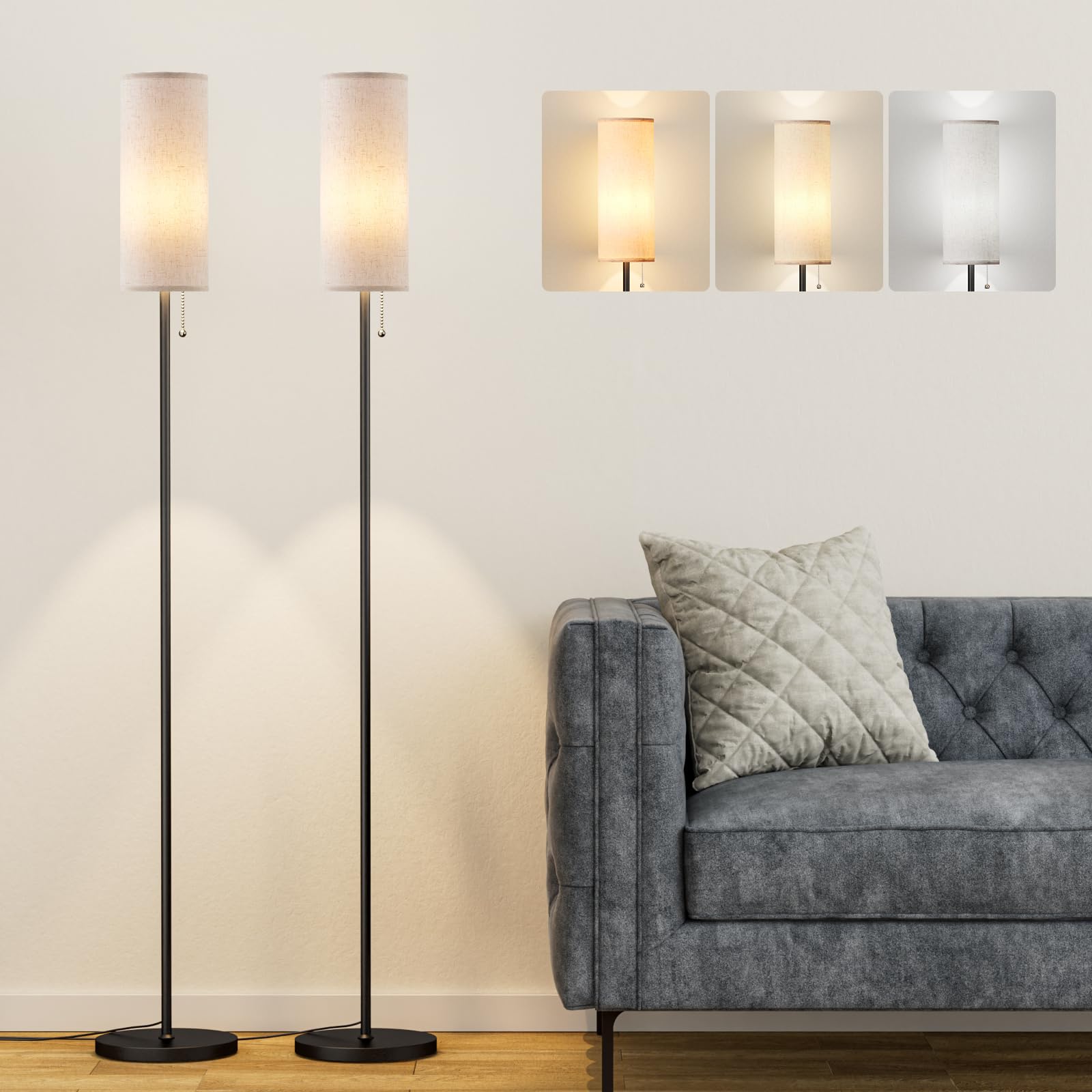 Ambimall Floor Lamp Set of 2, 64in Metal Standing Lamp with Linen Shade, Beige & Black, Model RPT-ZGB20210
