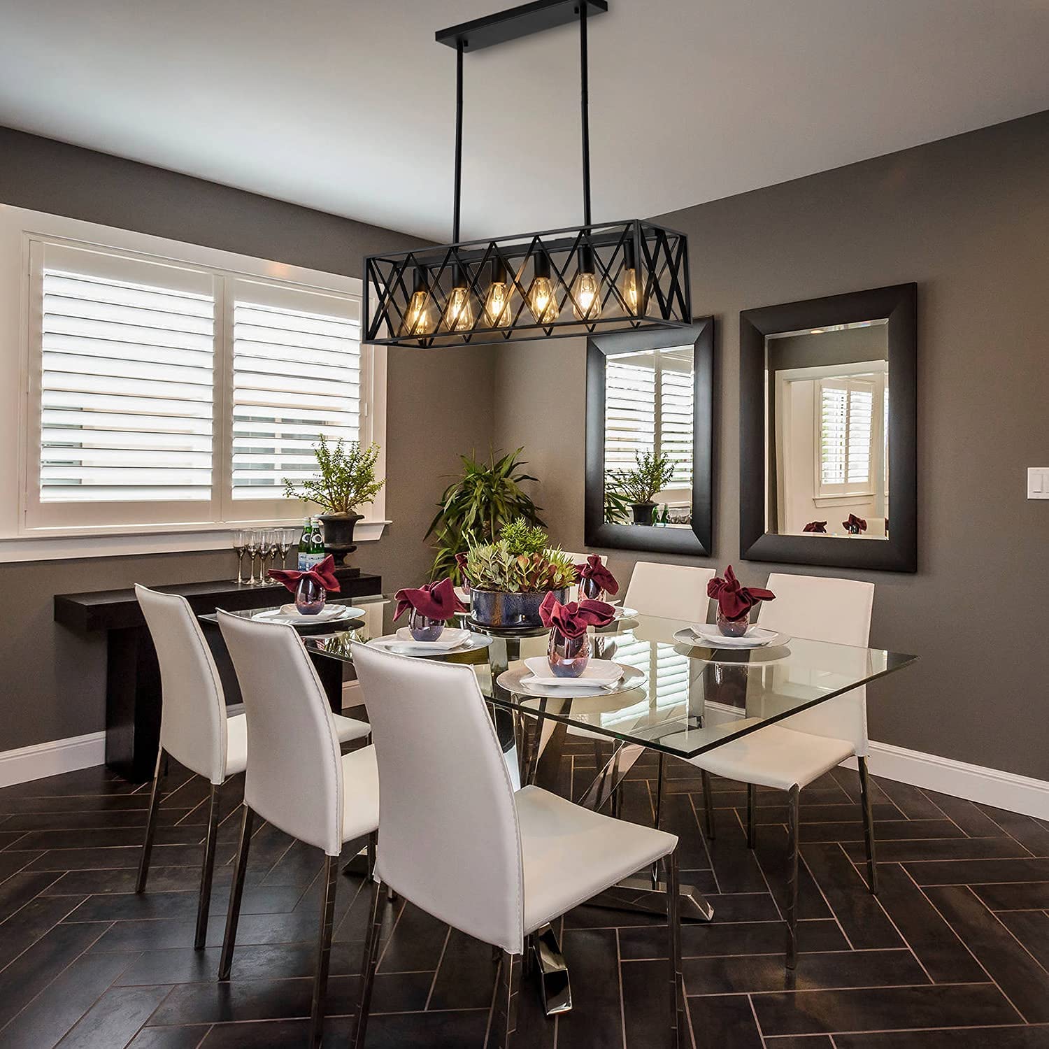 Pretoy Kitchen Island Pendant Lighting 6-Light Black Metal Industrial Bar Chandelier Fixtures Vintage Hanging Farmhouse Rectangle Linear Chandelier For Dining Room Living Room