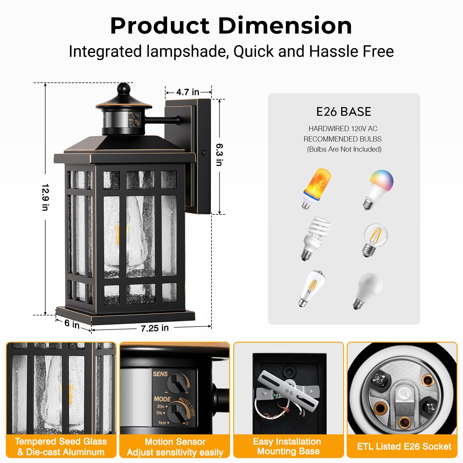 Distance-Adjustable Outdoor Lights For House  Modern Black Motion Sensor Outdoor Light With Gold Trim  Waterproof Dusk To Dawn Exterior Lighting Fixtures  Anti-Rust Outdoor Lanterns For Porch  Garage