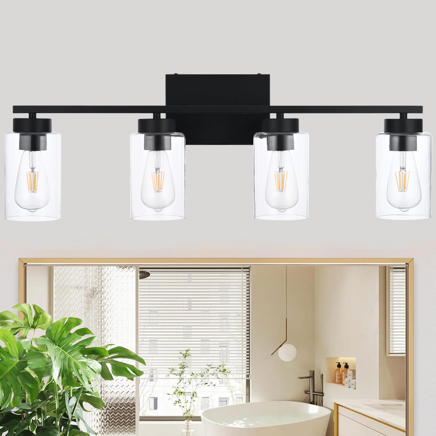 A1A9 4 Light Bathroom Vanity Light Fixtures, Matte Black, Clear Glass Shade, Model NF-22405BK