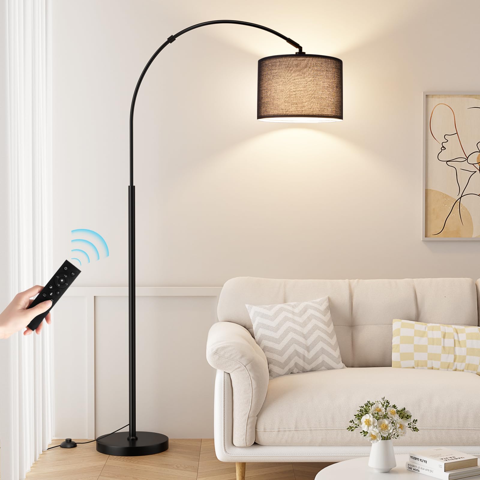Ambimall Dimmable Arc Floor Lamp with Remote, Color Temperatures and Brightness Adjustable, Arched Floor Lamp with Rotating Head