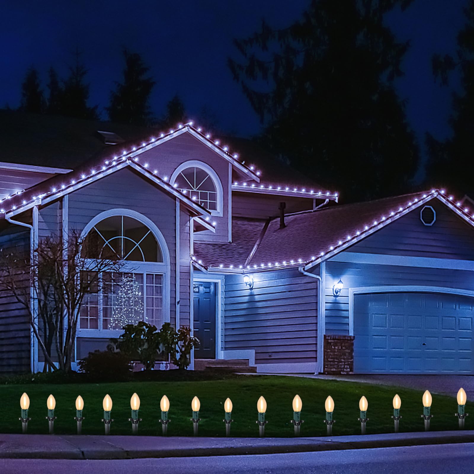 C9 Christmas Pathway Light, Outdoor Christmas Pathway Markers Lights With 27 C9 Led Clear Bulbs, Waterproof Connectable Walkway