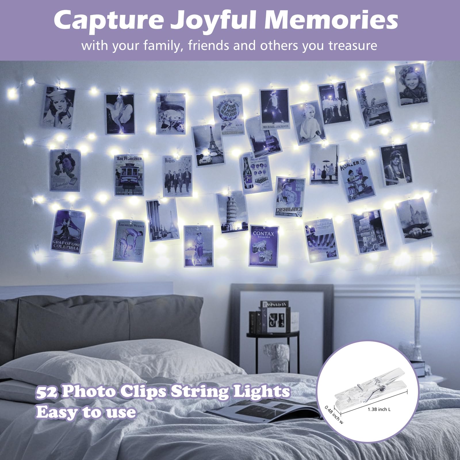 Bryubr 120 Led Photo Clips String Light With 52 Clear Picture Clips, 40Ft Fairy Lights With Remote, Timer & 8 Modes Usb Powered Copper Wire Lights For Bedroom, Dorm, Christmas, Party White