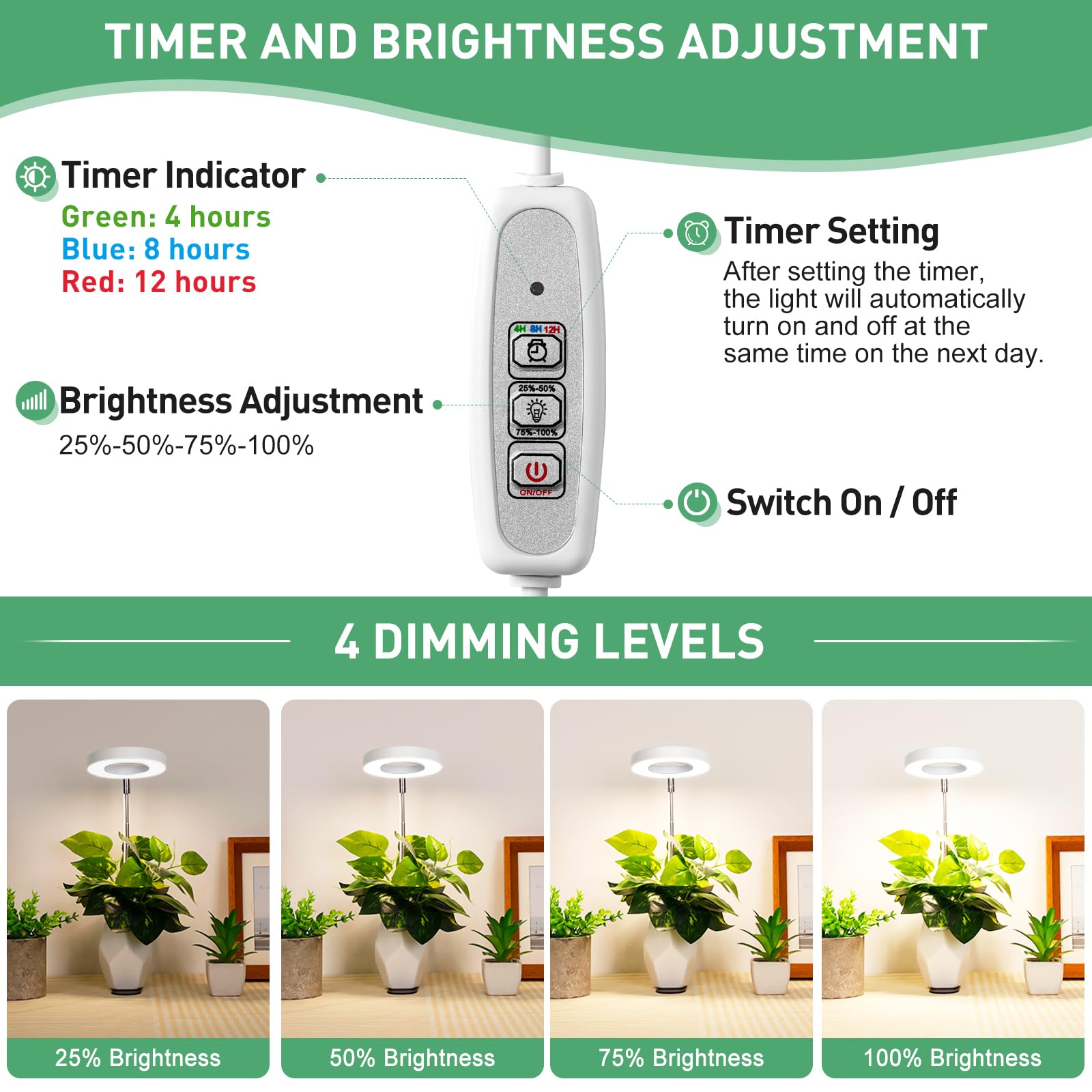 Lordem Plant Grow Light, Full Spectrum Halo Desk Plant Light, Height Adjustable 7.8&quot;-26&quot;, Led Growing Lamp, Automatic Timer 4H/8H/12H, 4 Level Dimmable, Ideal For Indoor Plants,White, 2 Pack