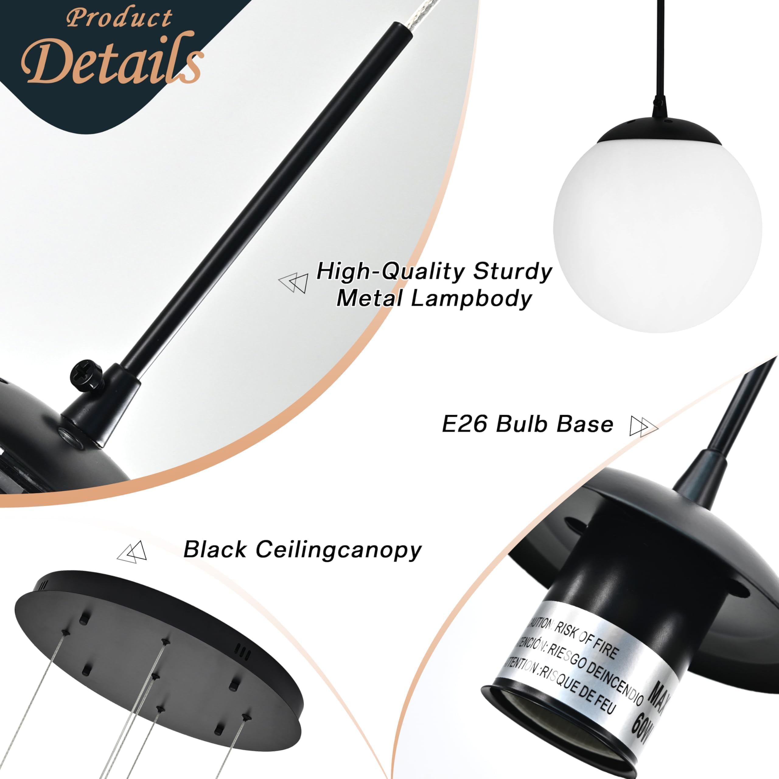 Koko&Yukina 5-Light Globe Glass Pendant Light Adjustable Length Pendant Lights Fixtures Modern Black Chandelier With Milky White