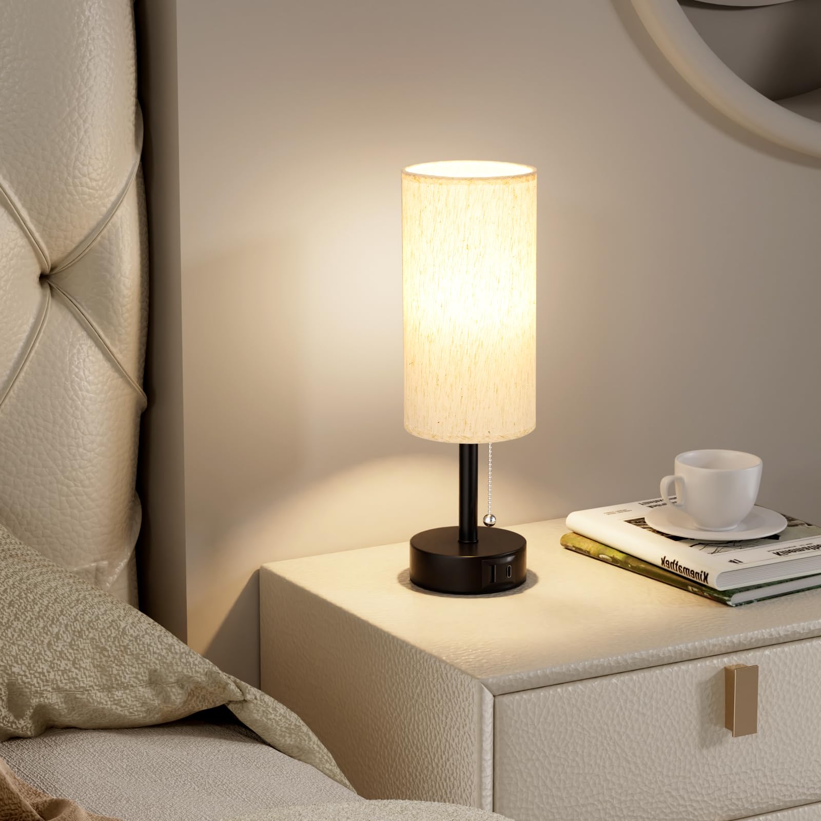 Fenmzee Usb Bedside Table Lamps Set Of 2-3 Color Temperatures Pull Chain Lamp With Usb C And Usb A Charging Ports, Two Round Nig