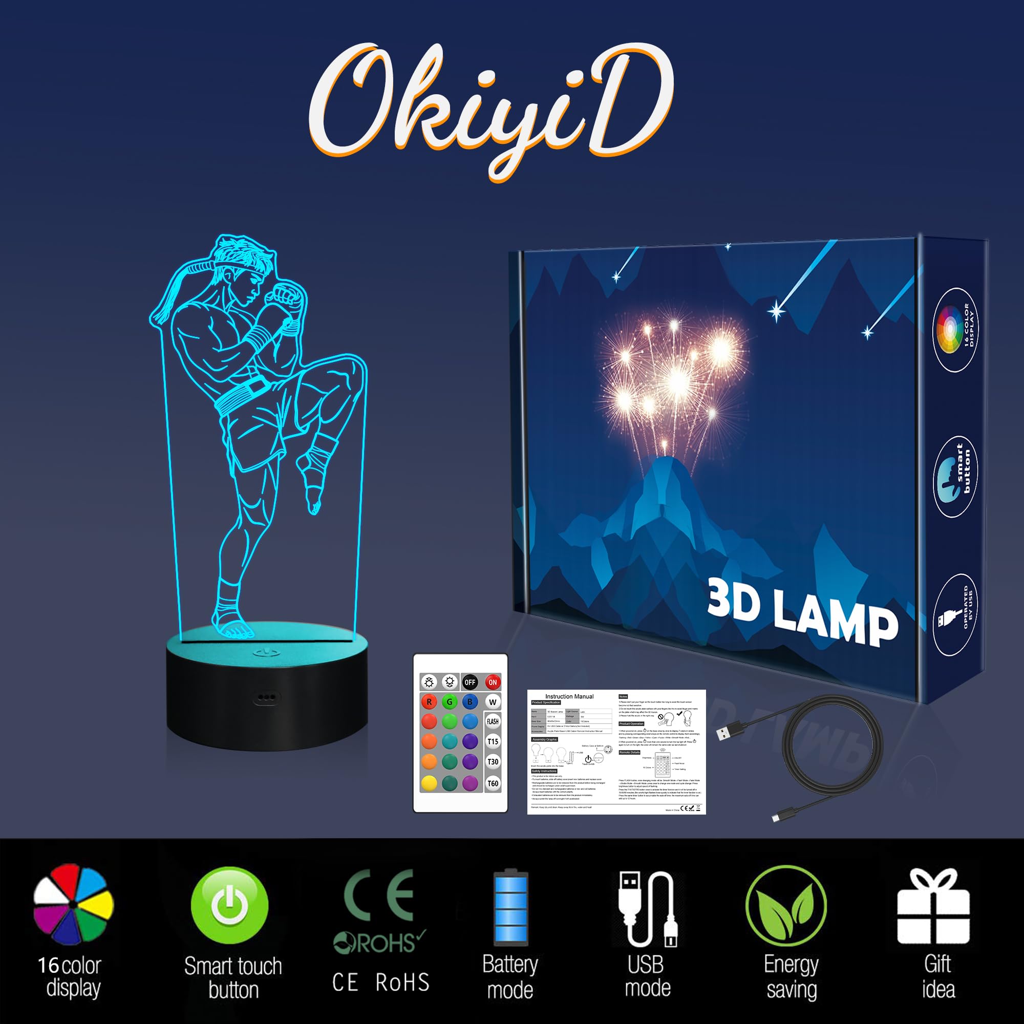 OkiyiD Muay Thai Gifts for Men, 3D Muay Thai Night Light Illusion Lamp with 16 Colors Remote Control, Martial Art MMA Gift for K