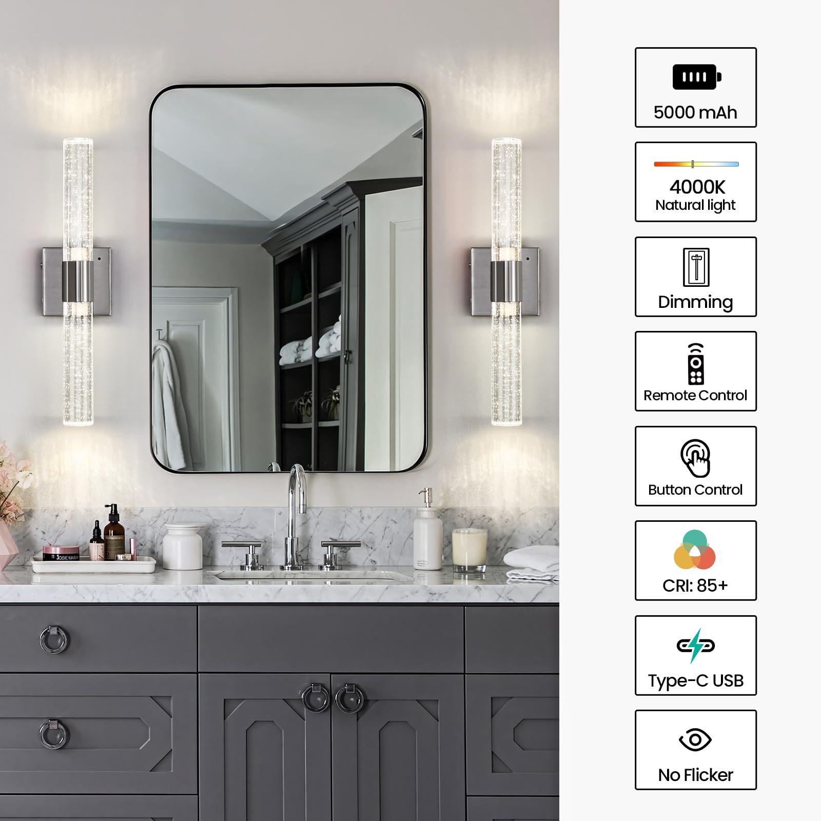 Ccycol Wireless Wall Sconces Set Of Two Battery Operated, 4000K Dimmable Crystal Led Bathroom Sconces Wall Lighting Modern Indoo