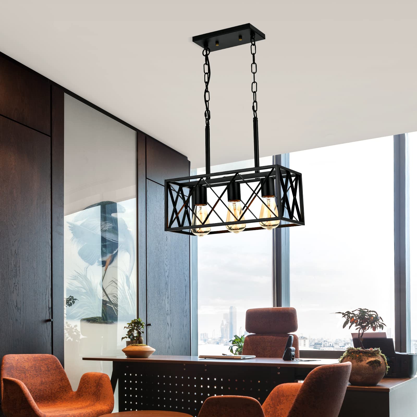 Keesfu Black Farmhouse Kitchen Island Lighting, 3 Lights Pendant Lighting Fixtures, Adjustable Height, Industrial Dining Room Li