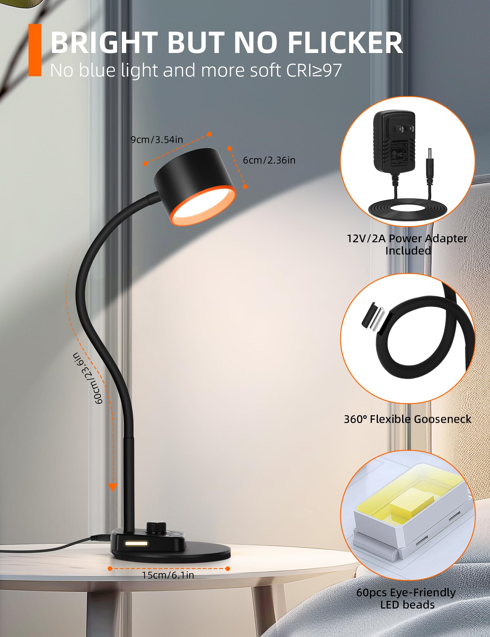 LiFMIRA LED Desk Lamp with USB C/A Ports, Dimmable Eye Care Reading Light, Gooseneck Design, Black, Model LA-2USB01